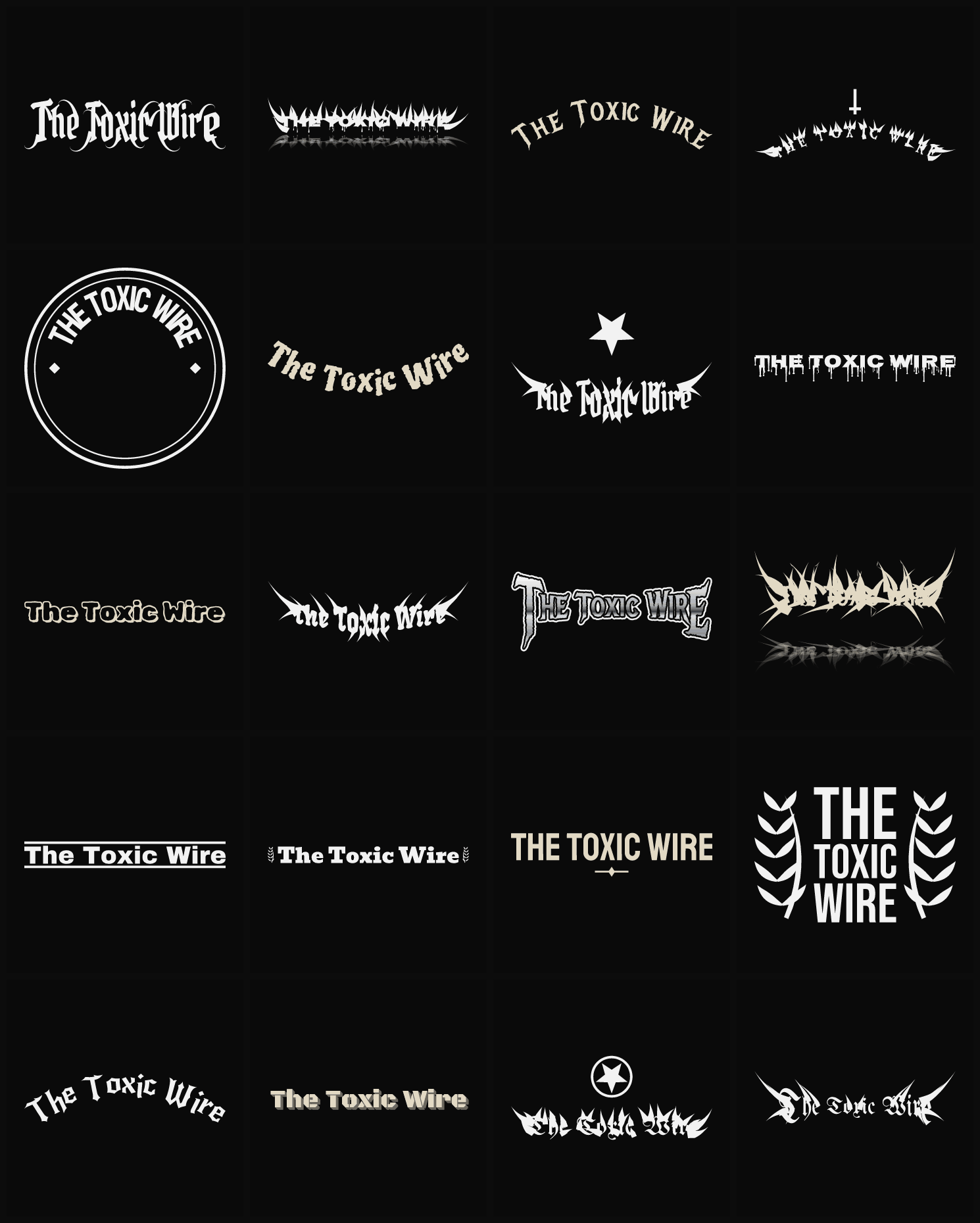 Twenty The Toxic Wire band logo ideas — different faces, treatments and spike settings
