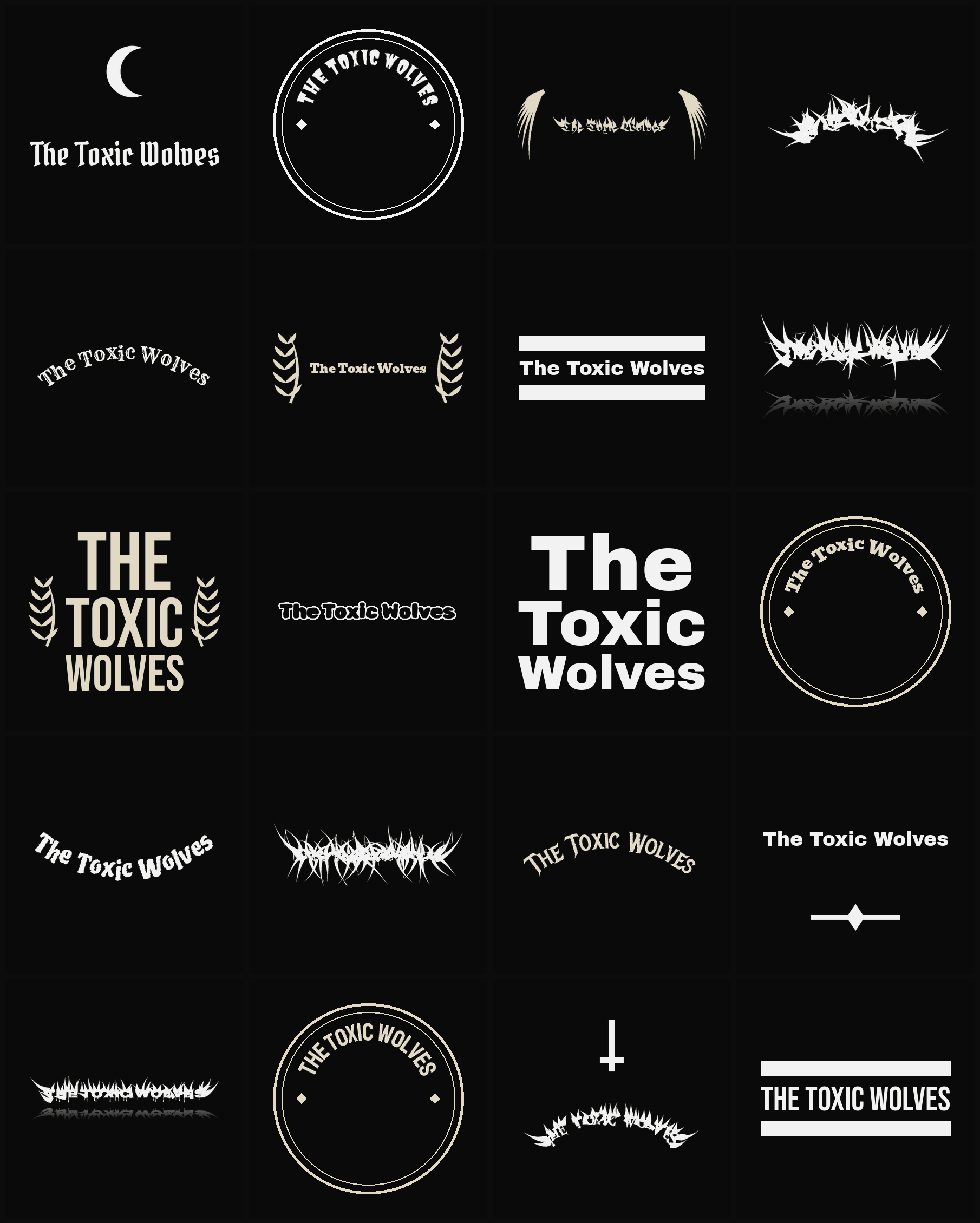 Twenty The Toxic Wolves band logo ideas — different faces, treatments and spike settings