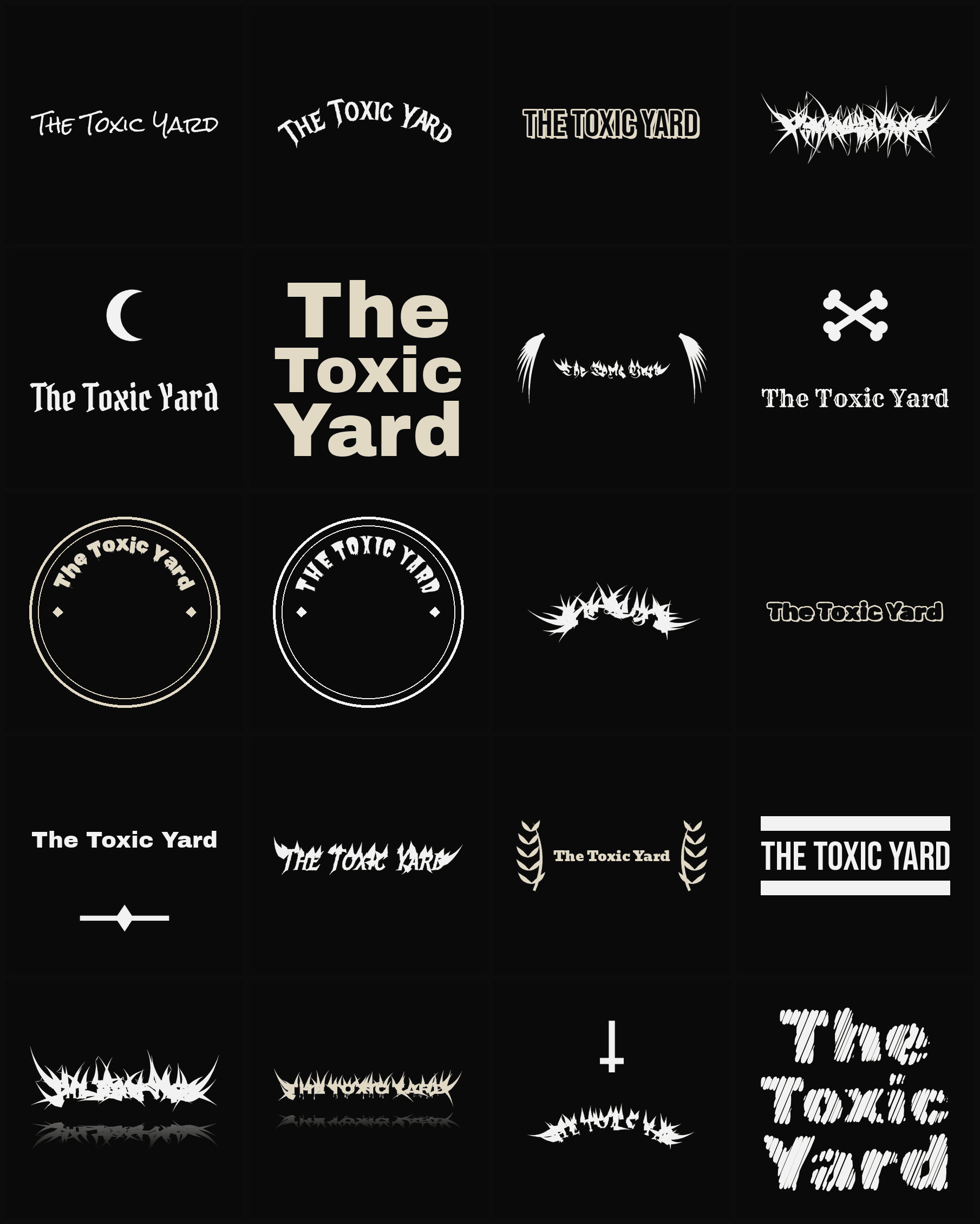 Twenty The Toxic Yard band logo ideas — different faces, treatments and spike settings