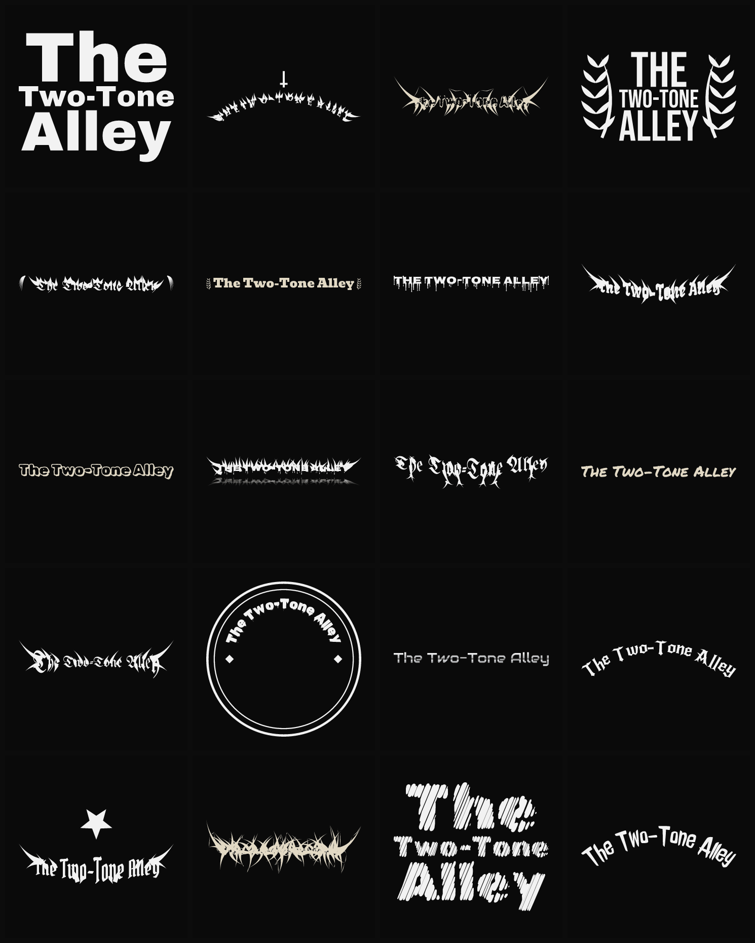 Twenty The Two-Tone Alley band logo ideas — different faces, treatments and spike settings