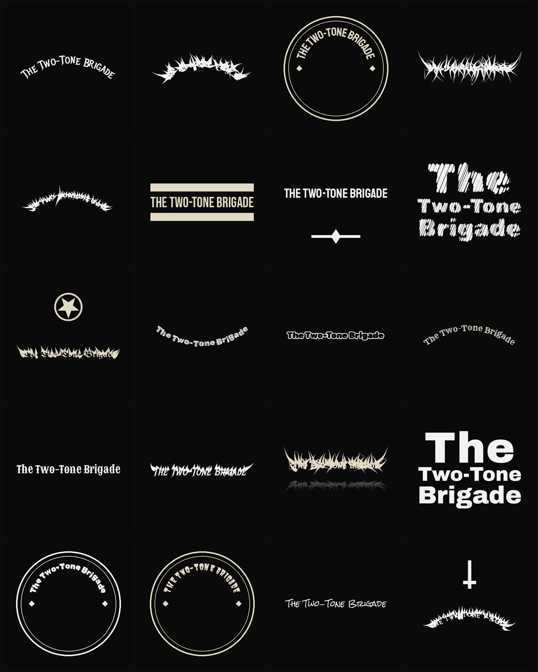 Twenty The Two-Tone Brigade band logo ideas — different faces, treatments and spike settings