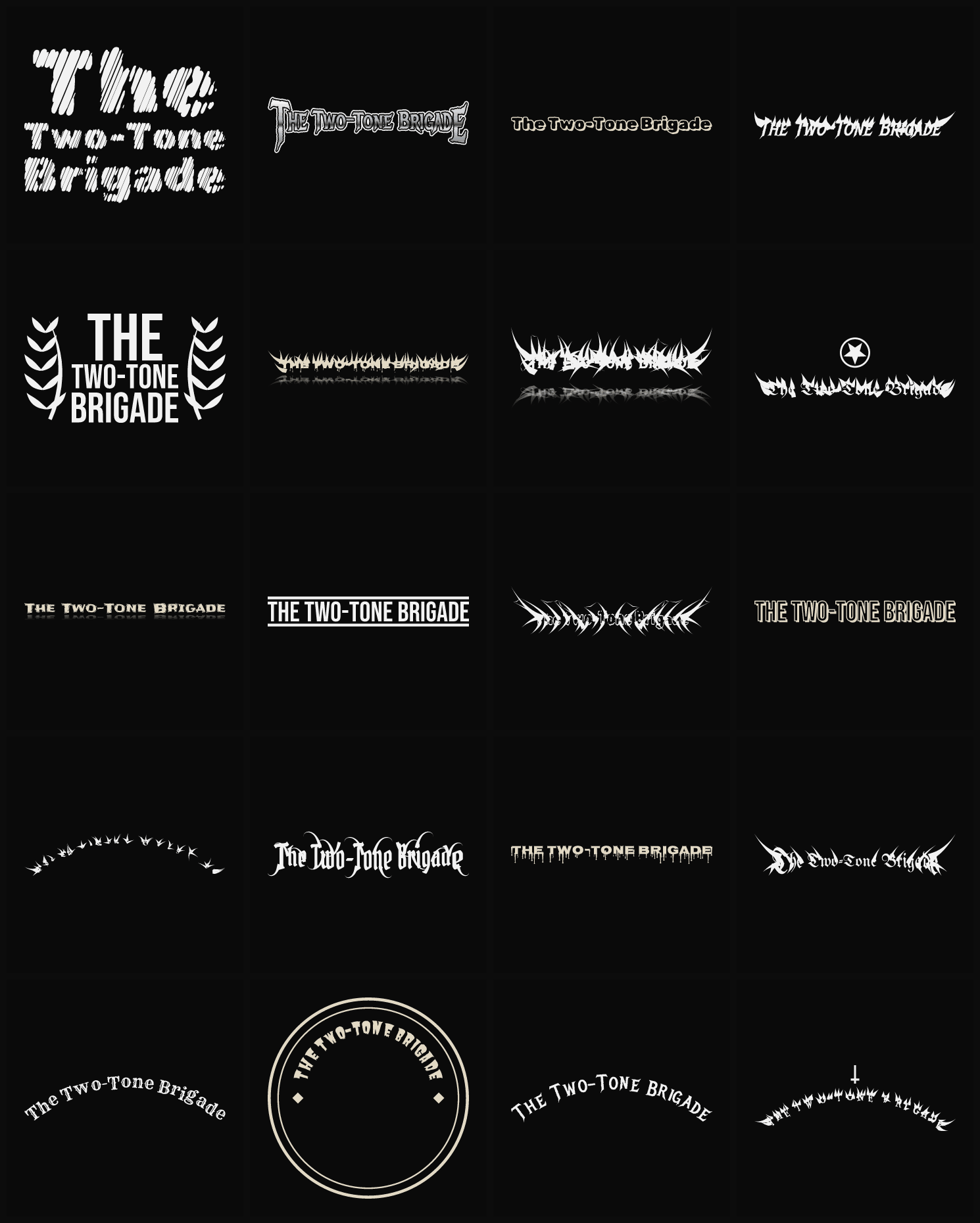 Twenty The Two-Tone Brigade band logo ideas — different faces, treatments and spike settings