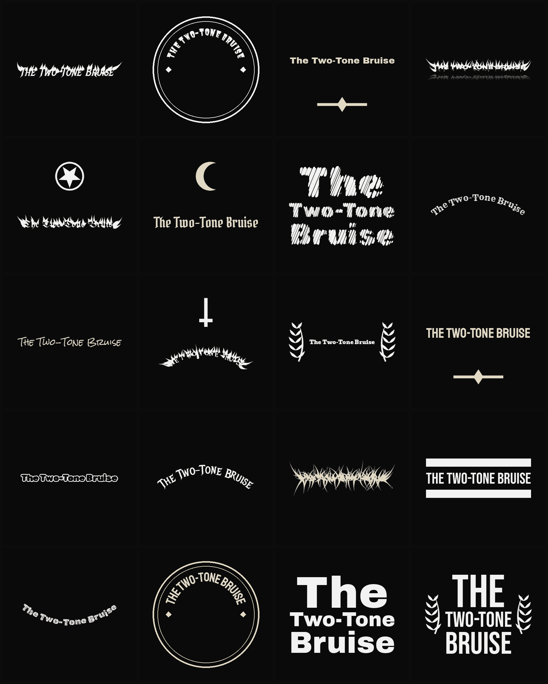 Twenty The Two-Tone Bruise band logo ideas — different faces, treatments and spike settings