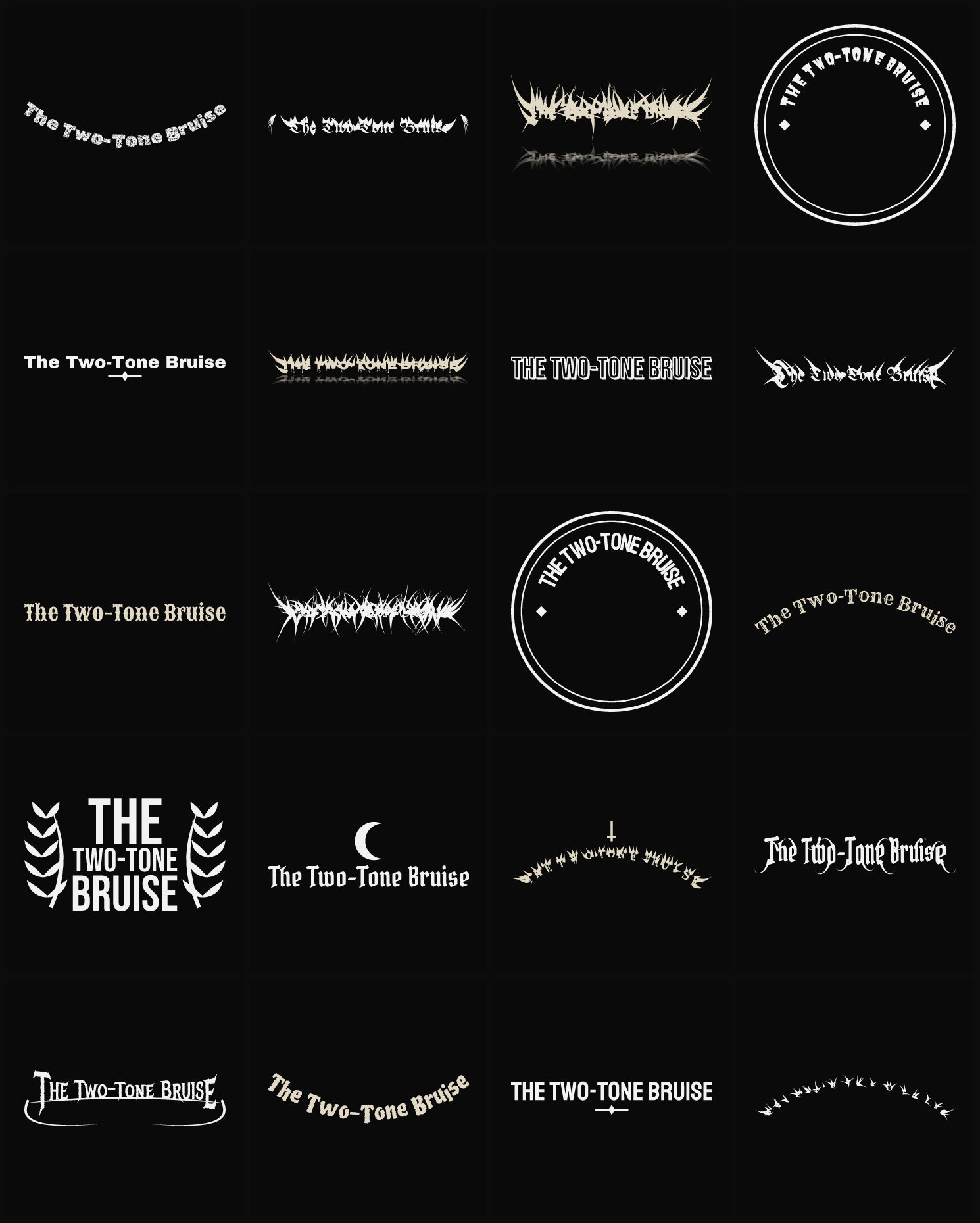 Twenty The Two-Tone Bruise band logo ideas — different faces, treatments and spike settings