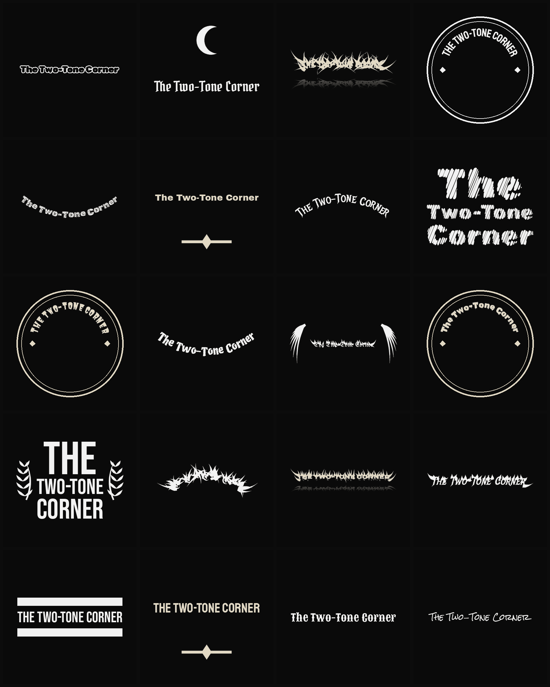 Twenty The Two-Tone Corner band logo ideas — different faces, treatments and spike settings