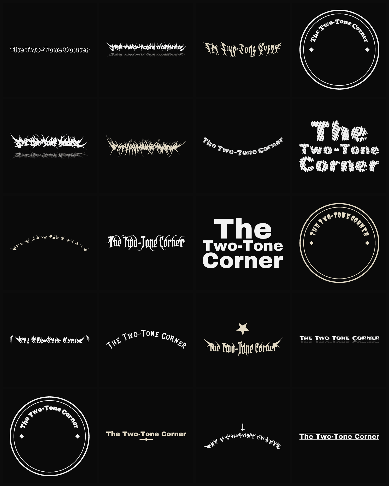 Twenty The Two-Tone Corner band logo ideas — different faces, treatments and spike settings