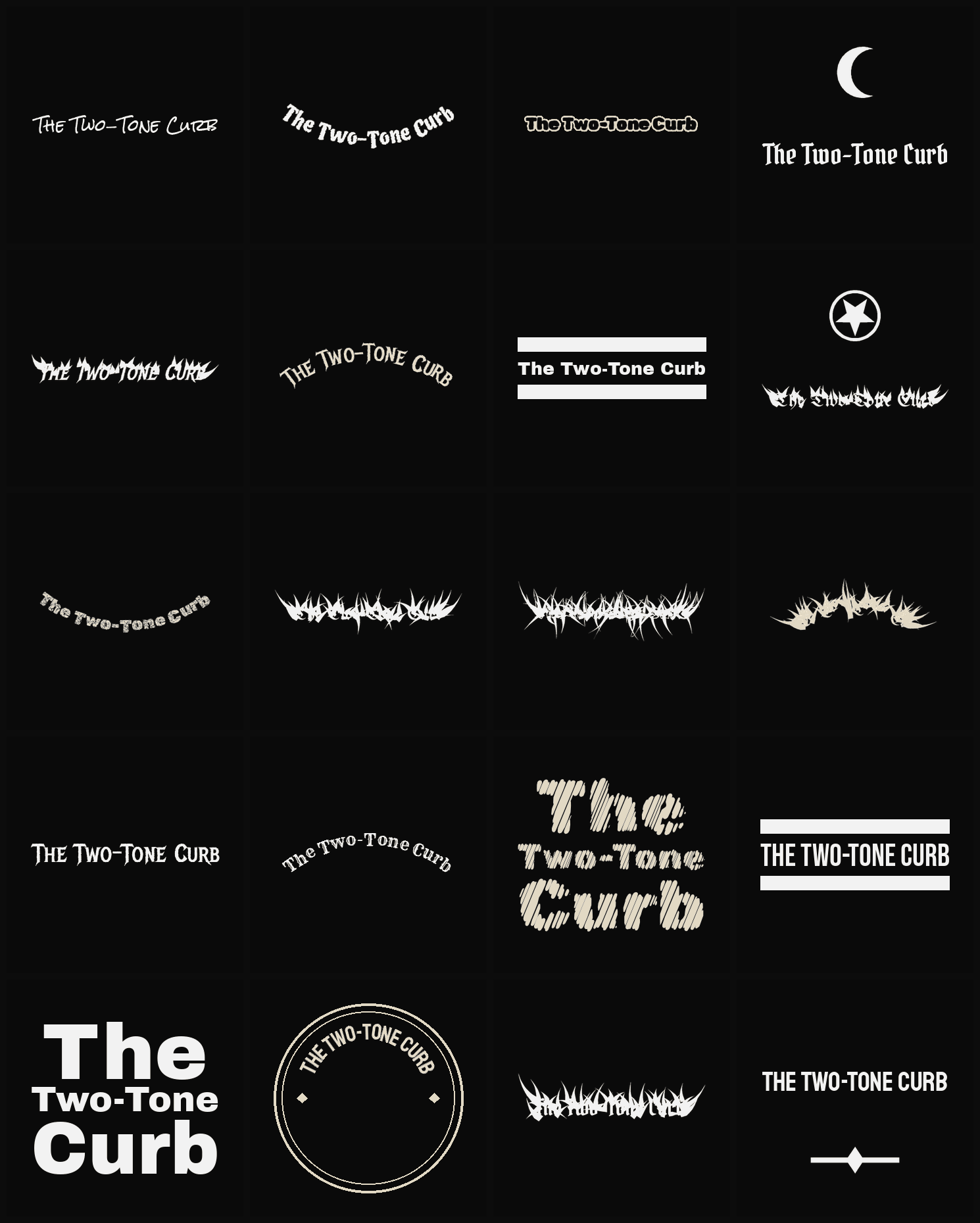 Twenty The Two-Tone Curb band logo ideas — different faces, treatments and spike settings