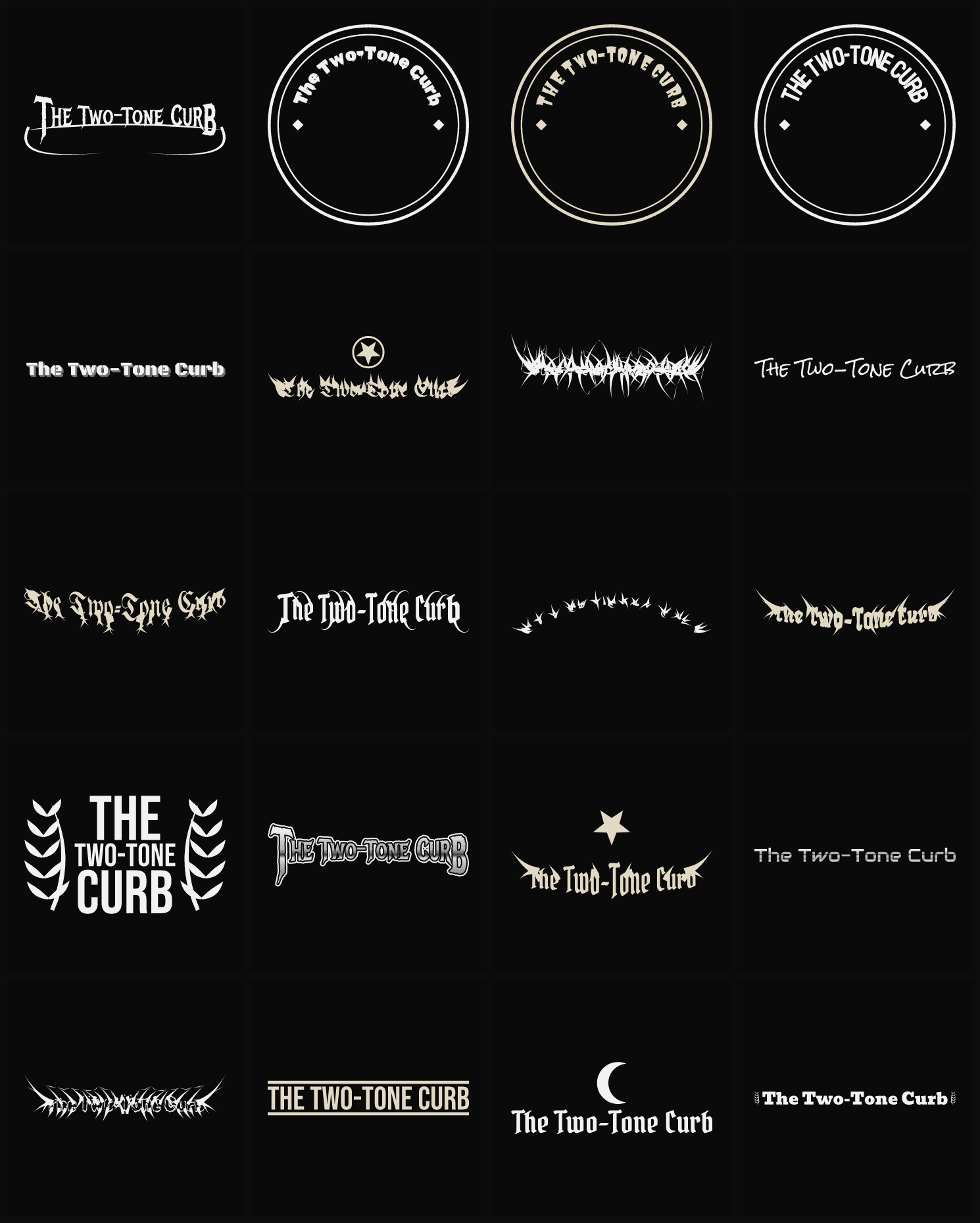 Twenty The Two-Tone Curb band logo ideas — different faces, treatments and spike settings