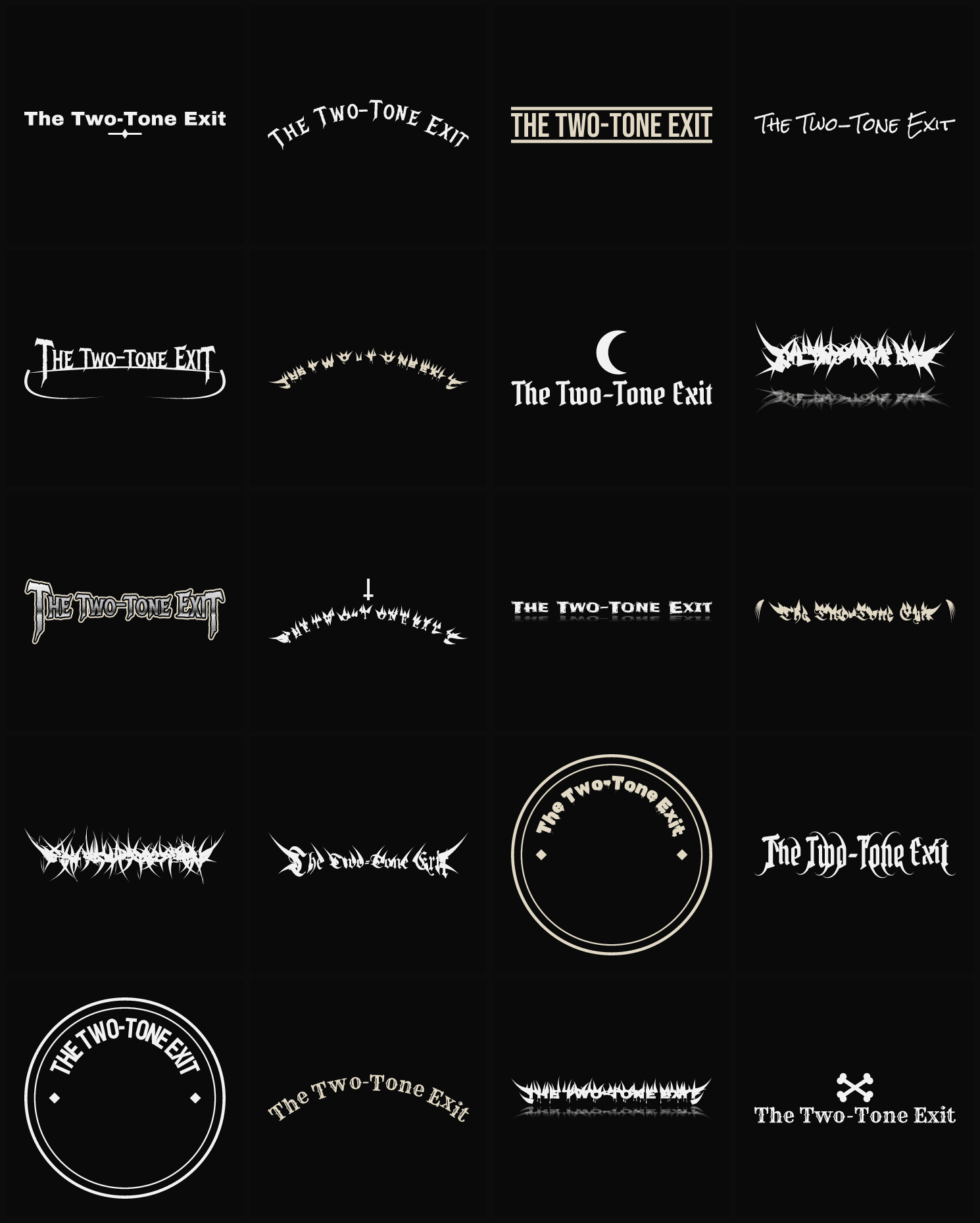 Twenty The Two-Tone Exit band logo ideas — different faces, treatments and spike settings