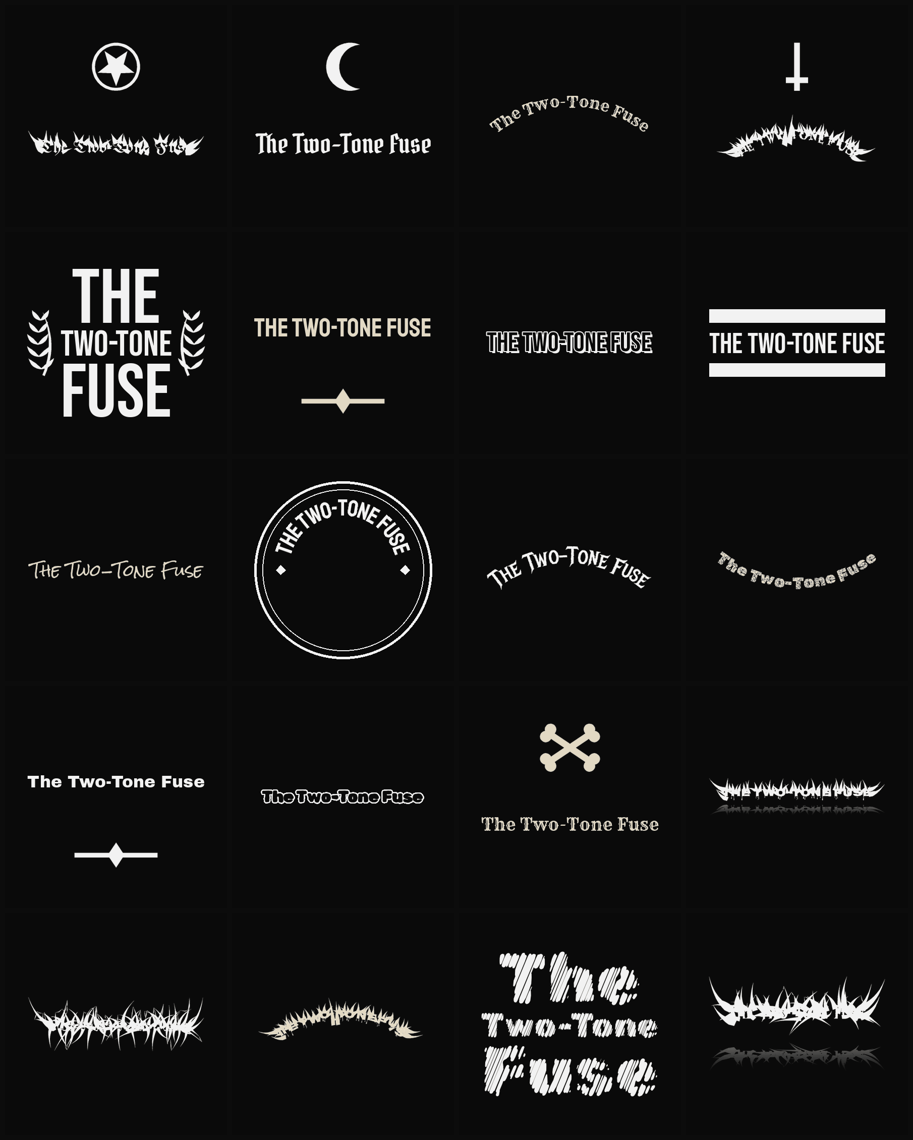 Twenty The Two-Tone Fuse band logo ideas — different faces, treatments and spike settings