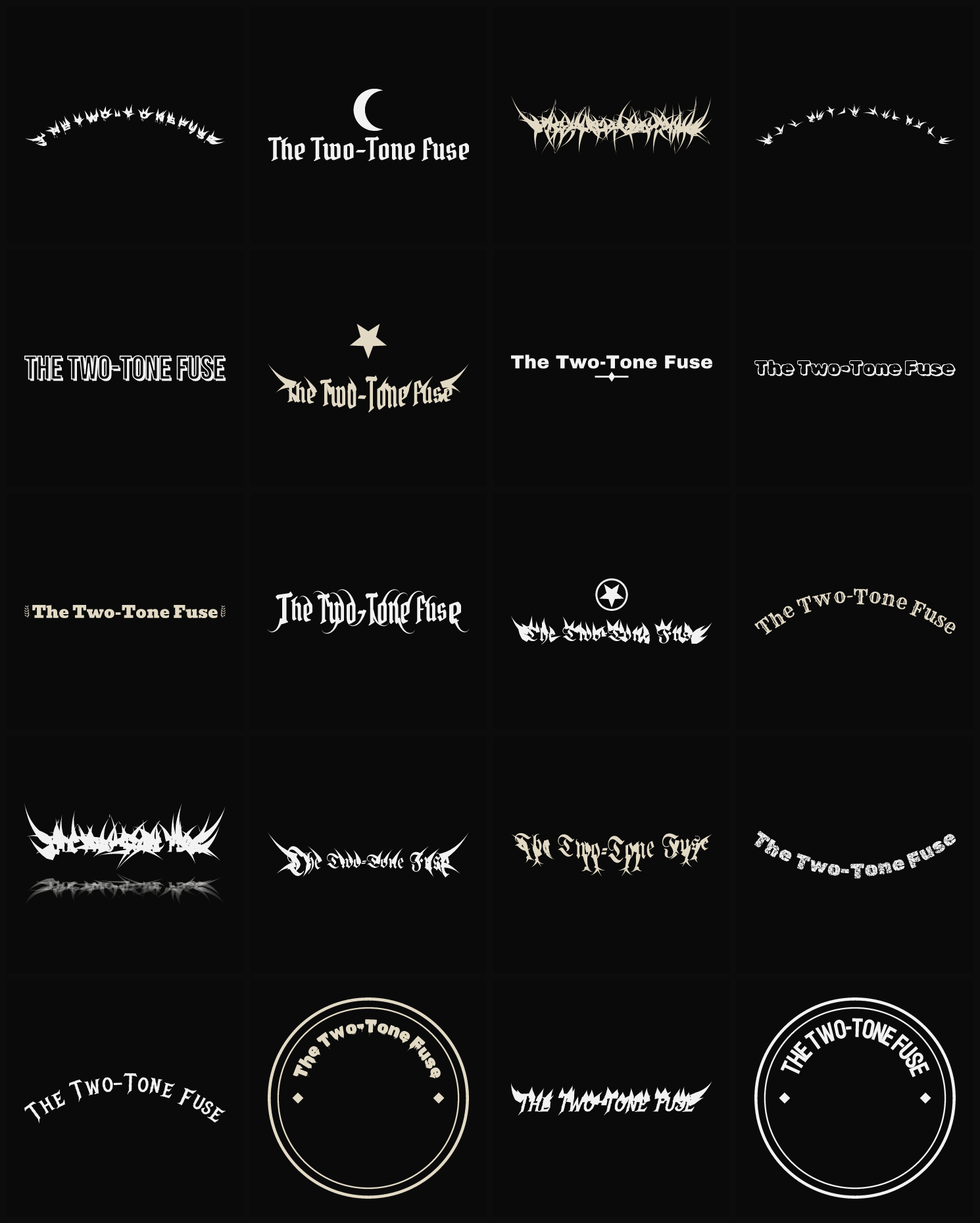Twenty The Two-Tone Fuse band logo ideas — different faces, treatments and spike settings