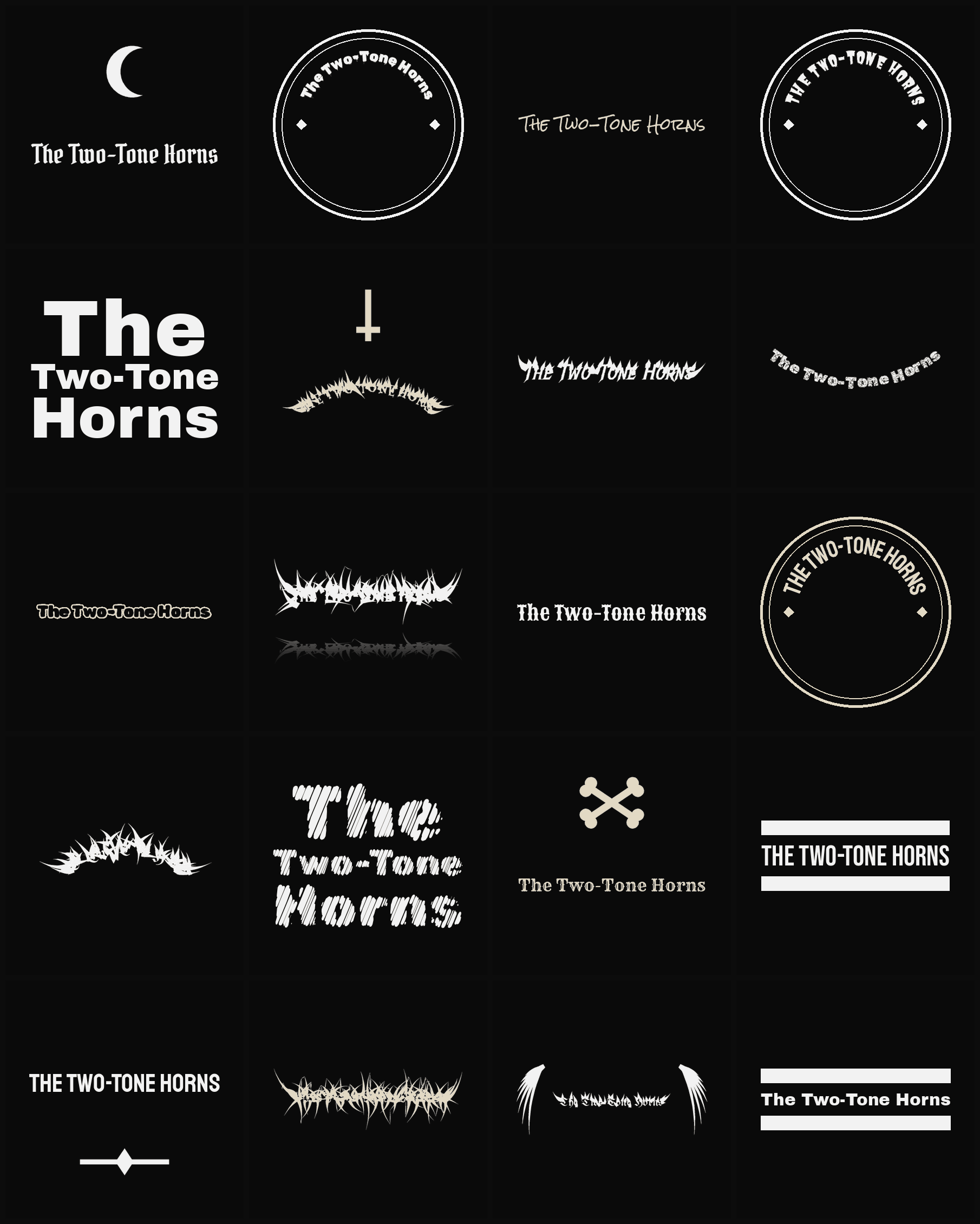 Twenty The Two-Tone Horns band logo ideas — different faces, treatments and spike settings