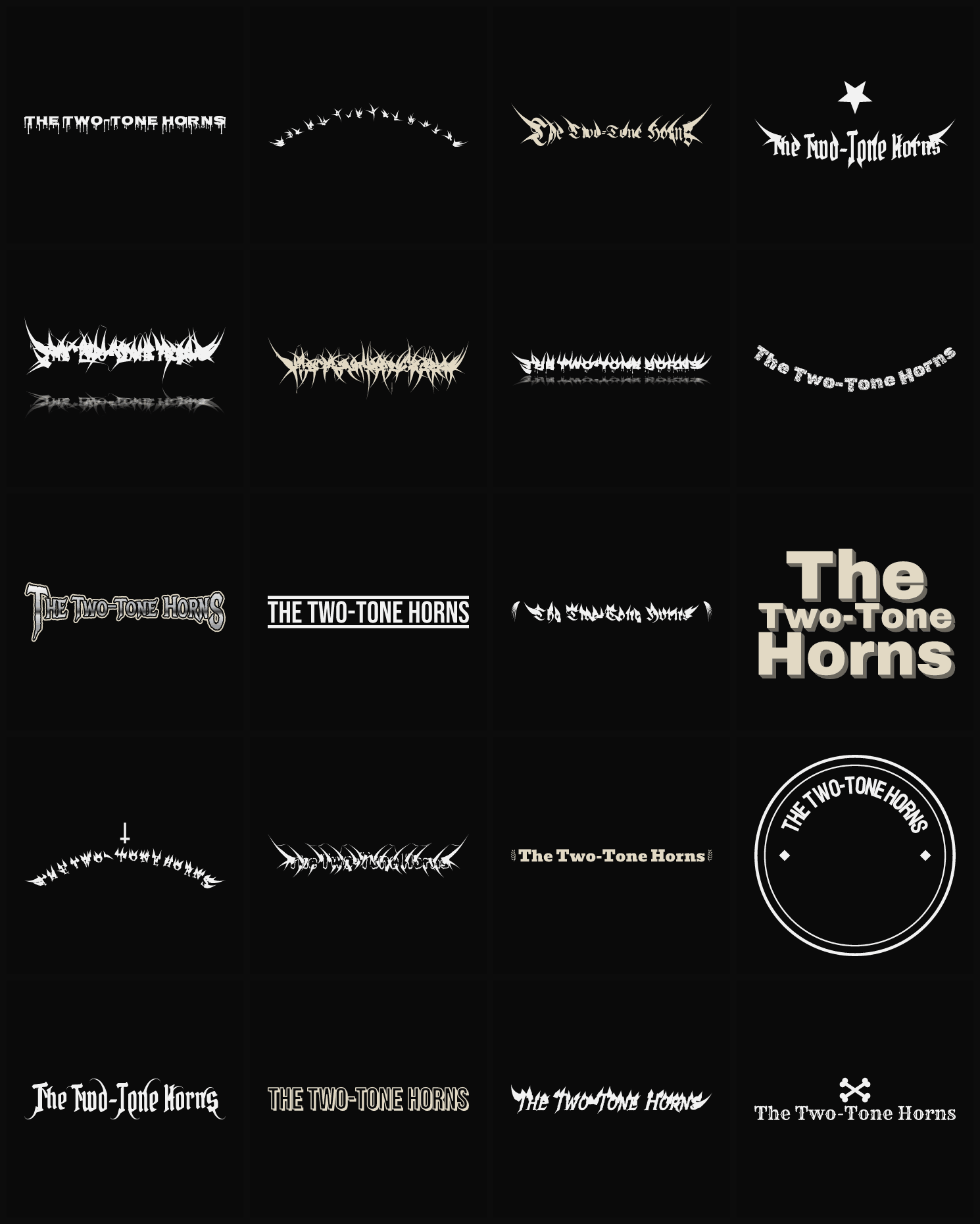 Twenty The Two-Tone Horns band logo ideas — different faces, treatments and spike settings