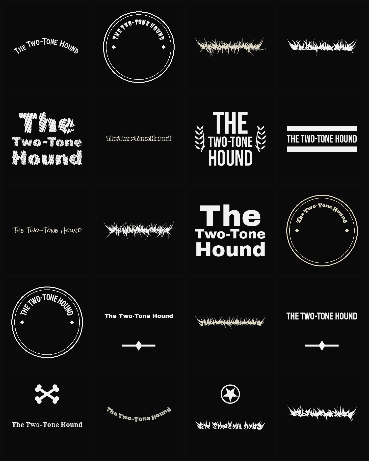 Twenty The Two-Tone Hound band logo ideas — different faces, treatments and spike settings