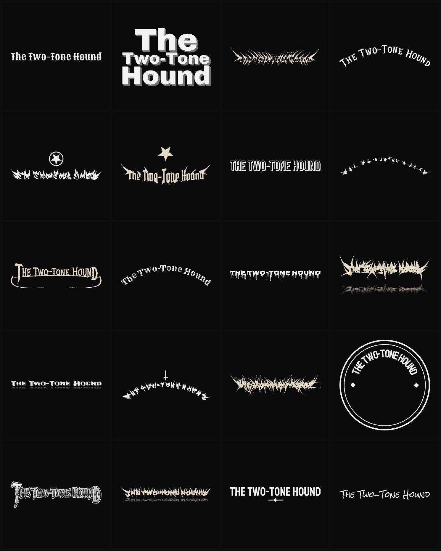 Twenty The Two-Tone Hound band logo ideas — different faces, treatments and spike settings