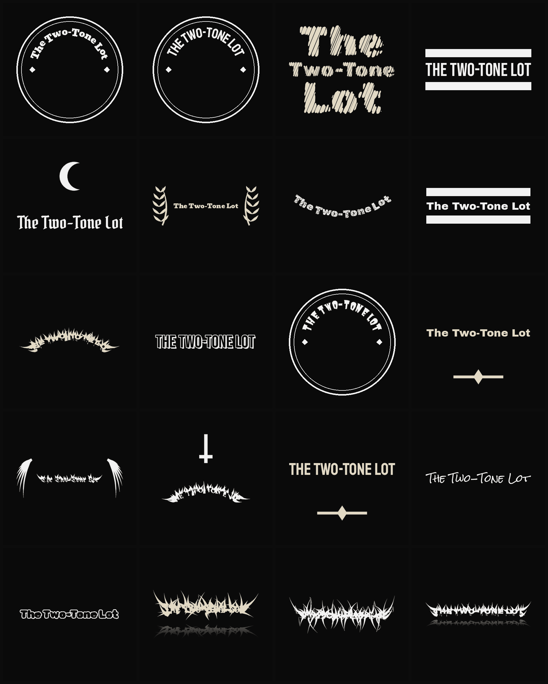 Twenty The Two-Tone Lot band logo ideas — different faces, treatments and spike settings
