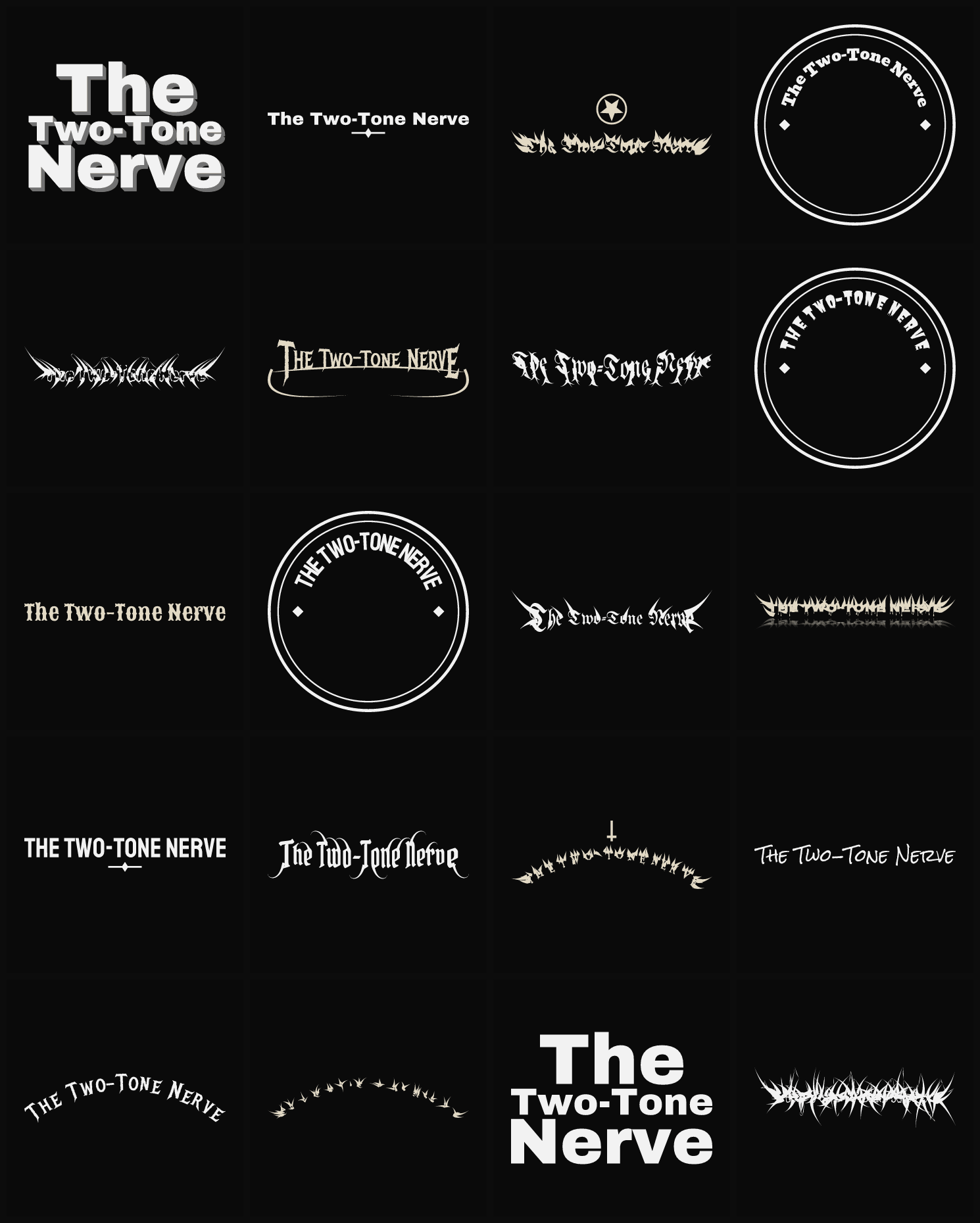 Twenty The Two-Tone Nerve band logo ideas — different faces, treatments and spike settings