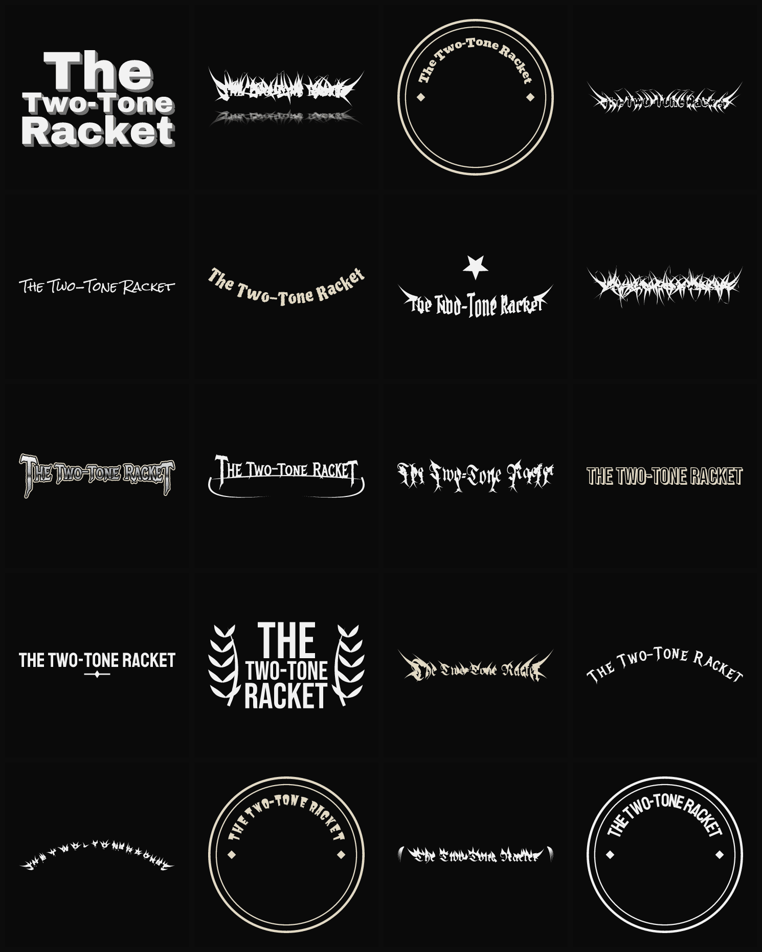 Twenty The Two-Tone Racket band logo ideas — different faces, treatments and spike settings