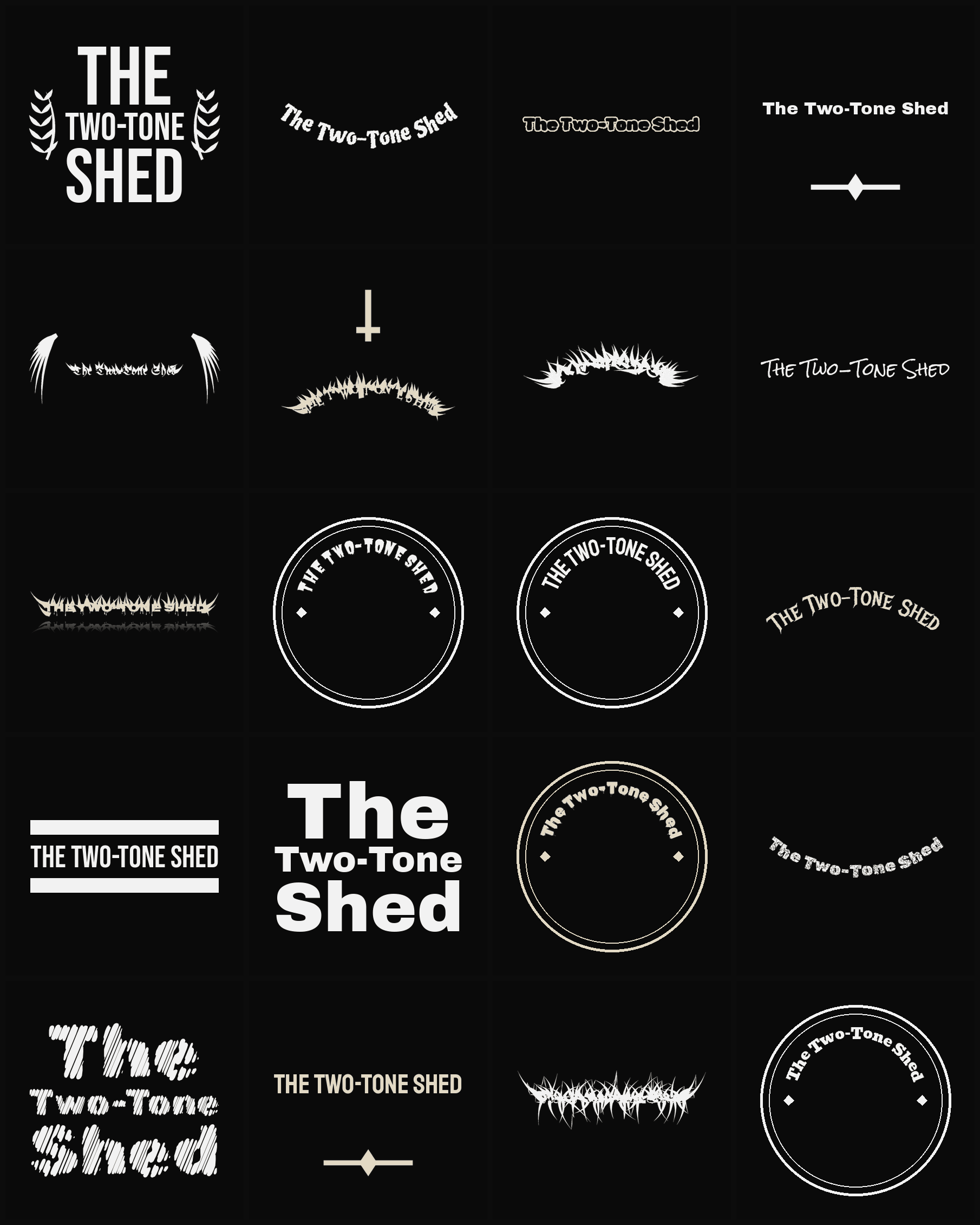 Twenty The Two-Tone Shed band logo ideas — different faces, treatments and spike settings