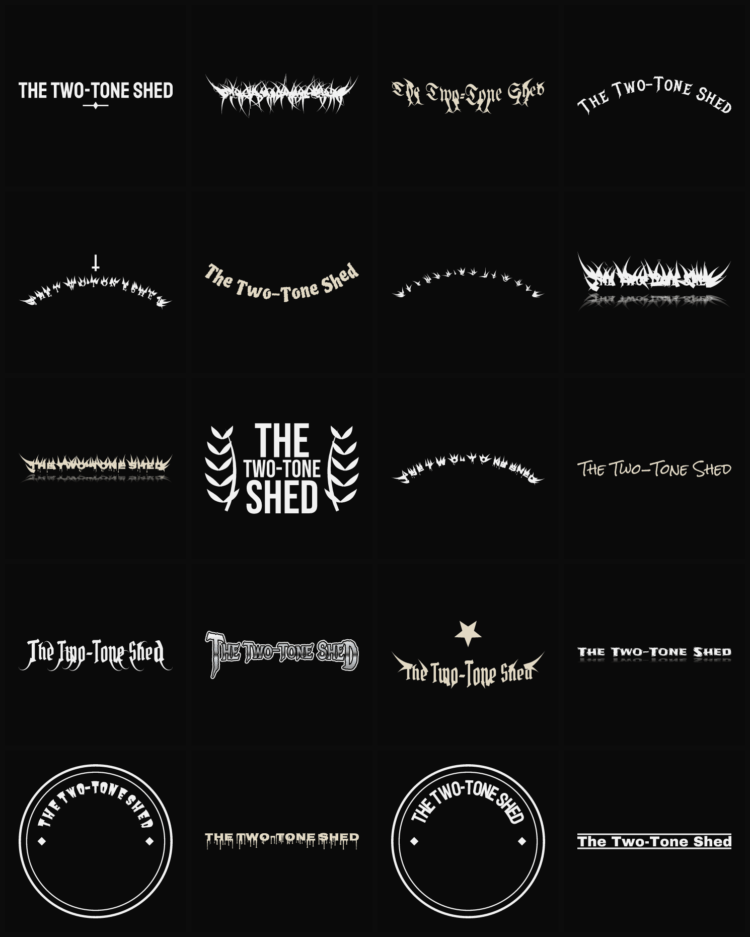 Twenty The Two-Tone Shed band logo ideas — different faces, treatments and spike settings