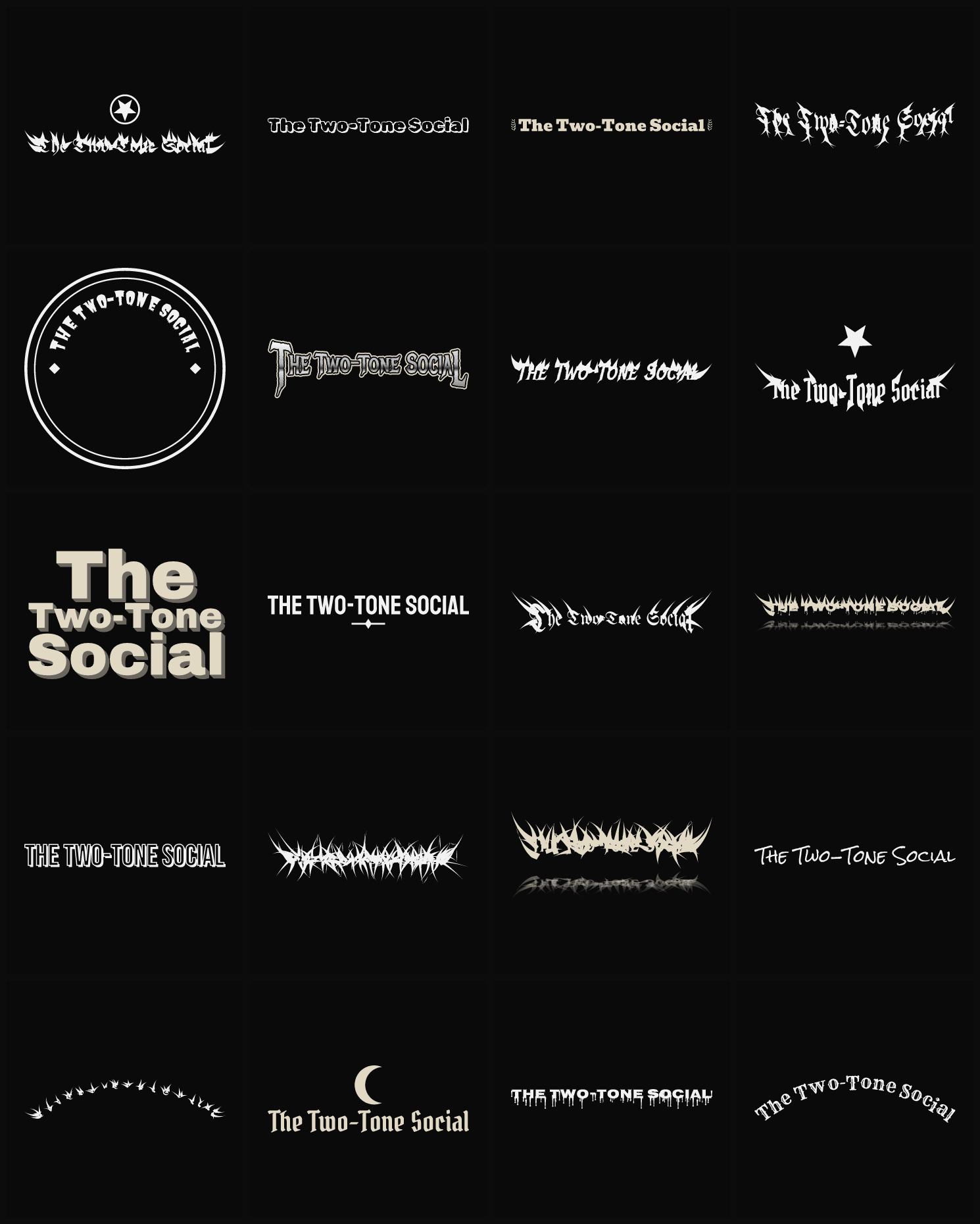 Twenty The Two-Tone Social band logo ideas — different faces, treatments and spike settings