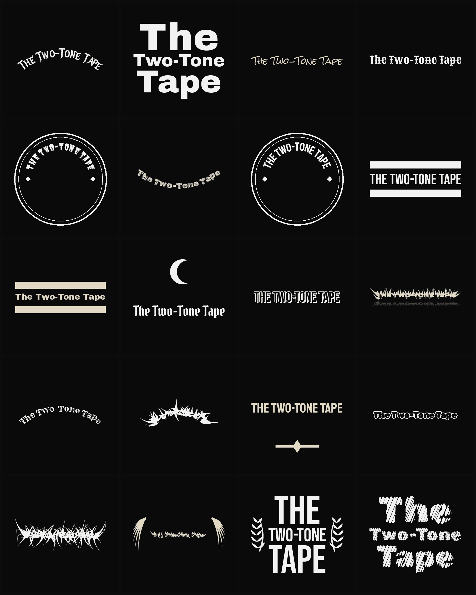 Twenty The Two-Tone Tape band logo ideas — different faces, treatments and spike settings