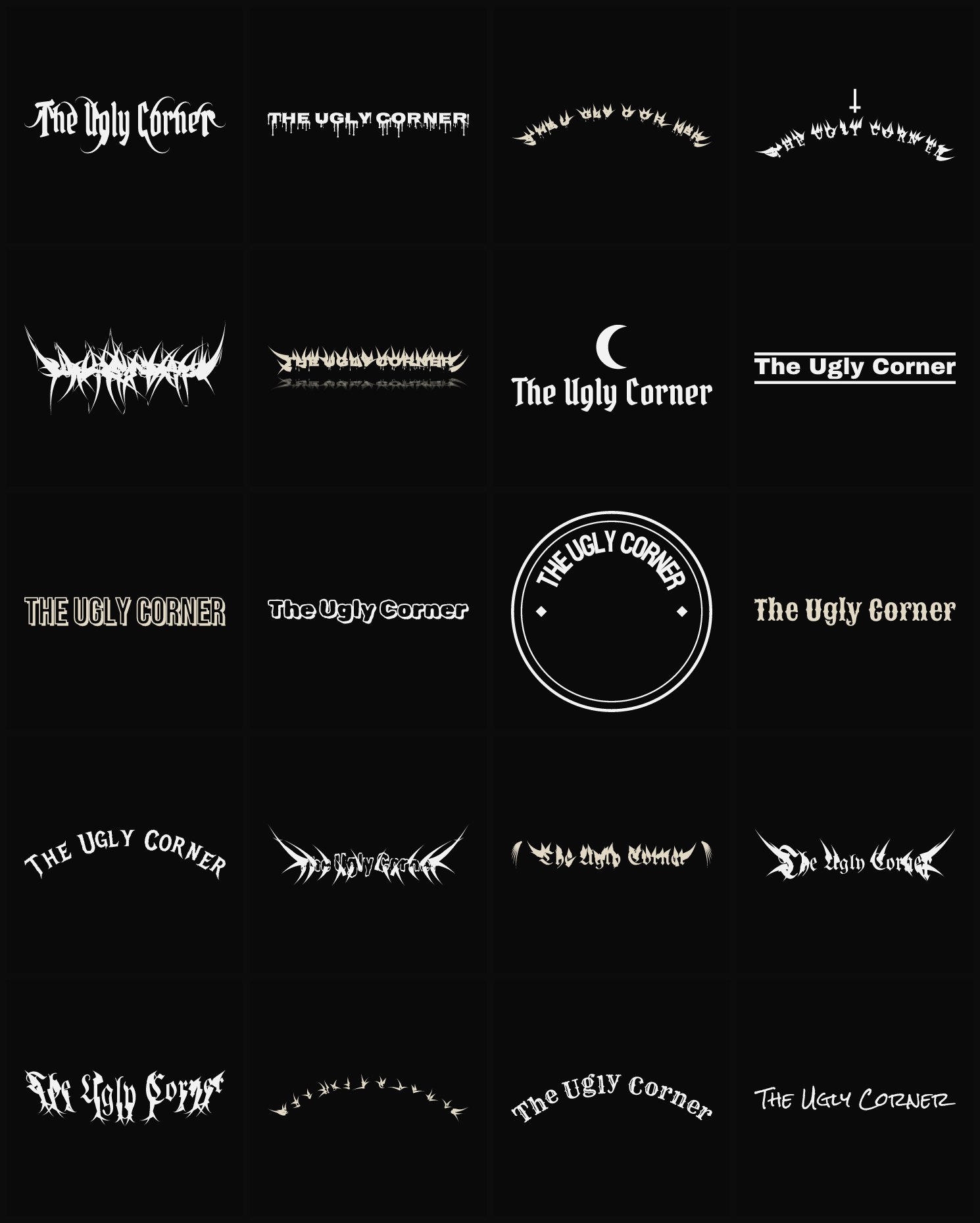 Twenty The Ugly Corner band logo ideas — different faces, treatments and spike settings