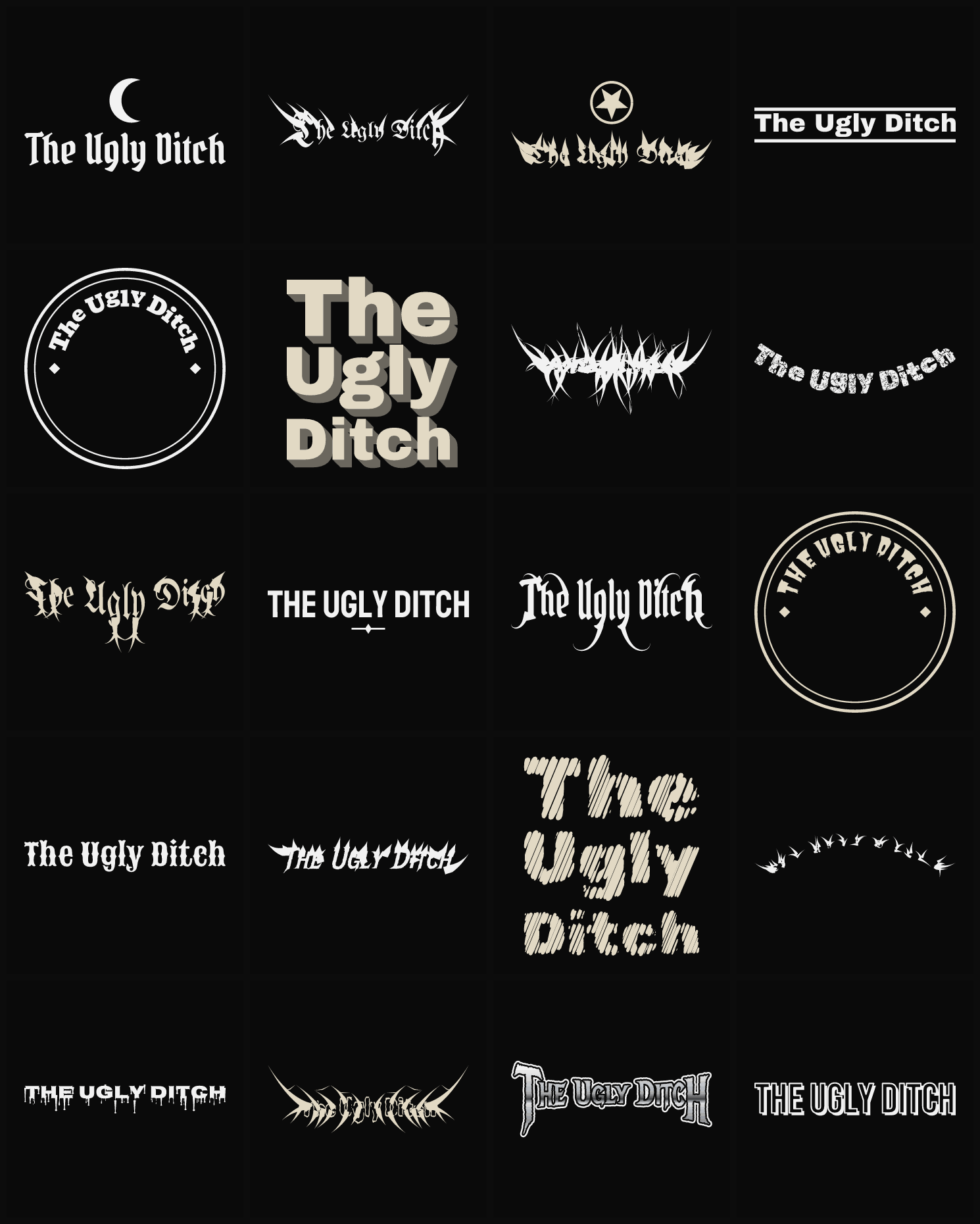 Twenty The Ugly Ditch band logo ideas — different faces, treatments and spike settings