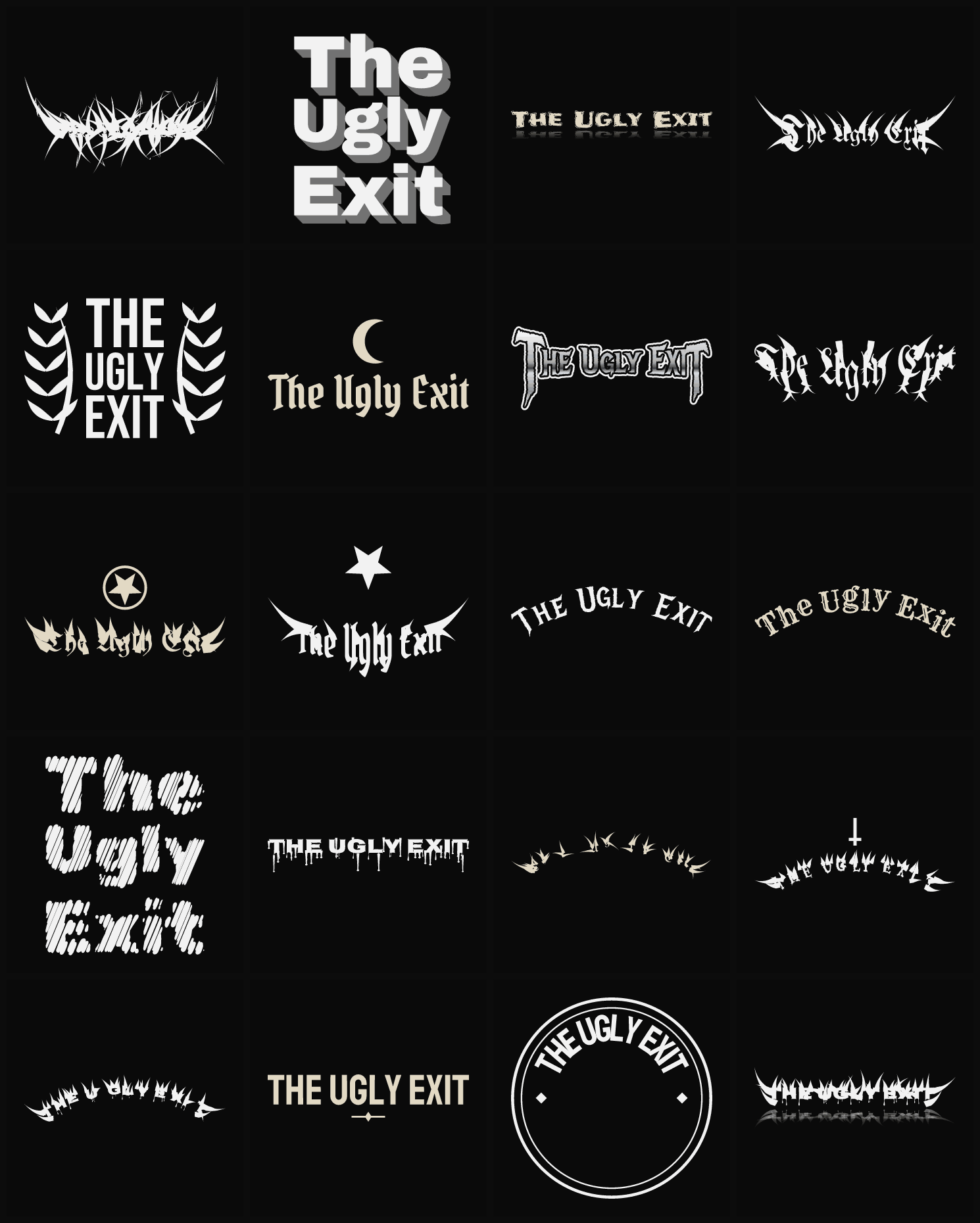 Twenty The Ugly Exit band logo ideas — different faces, treatments and spike settings