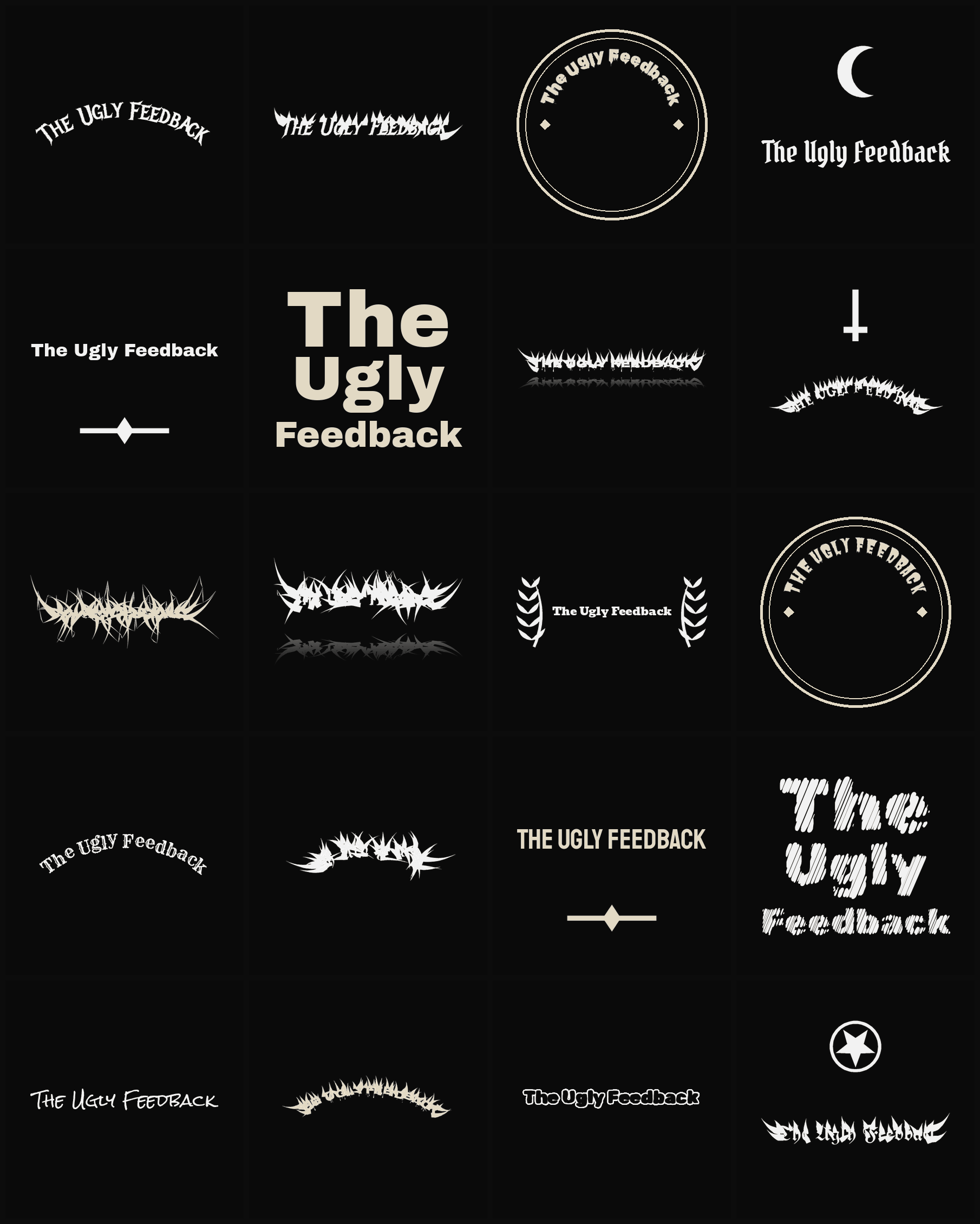 Twenty The Ugly Feedback band logo ideas — different faces, treatments and spike settings