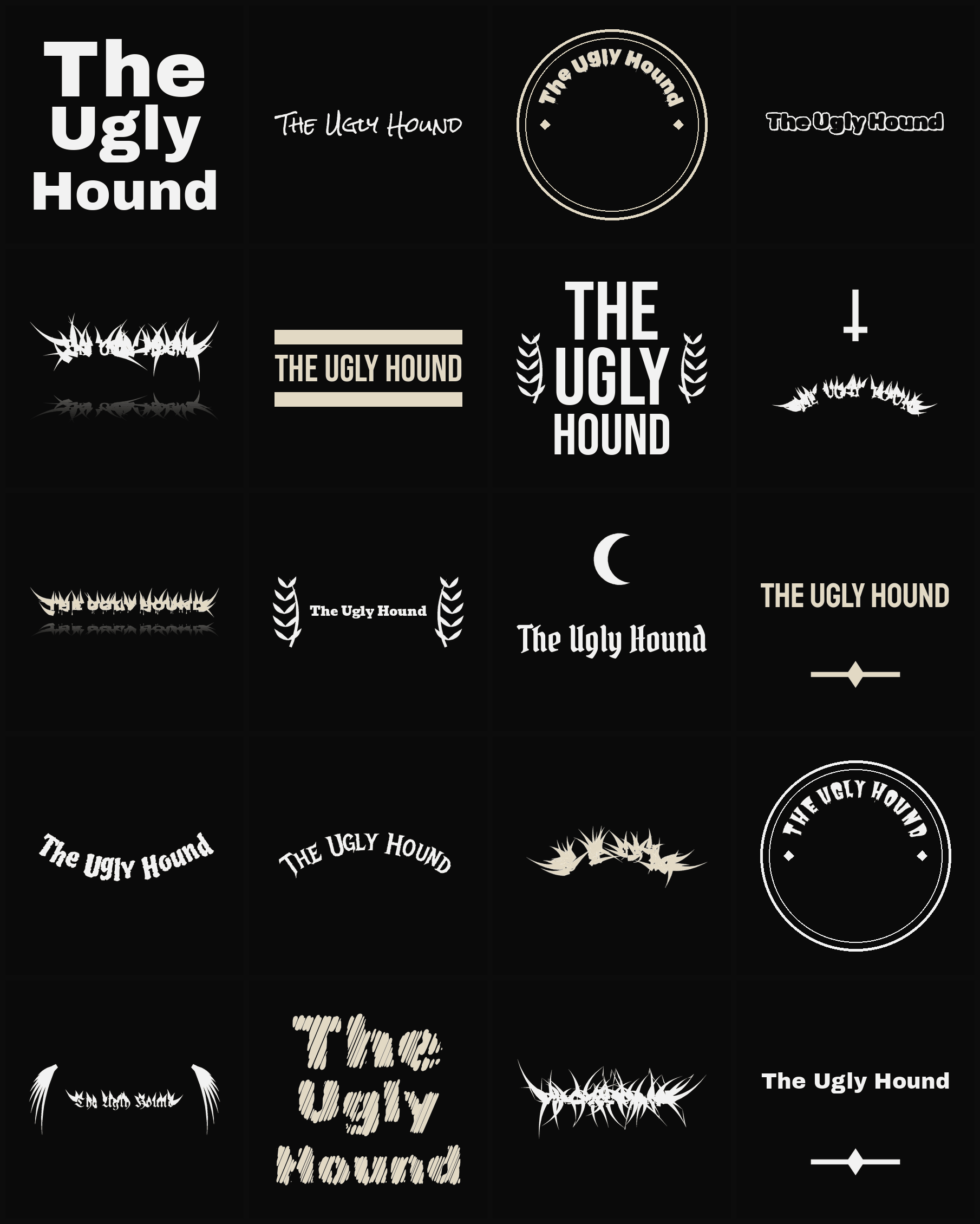Twenty The Ugly Hound band logo ideas — different faces, treatments and spike settings