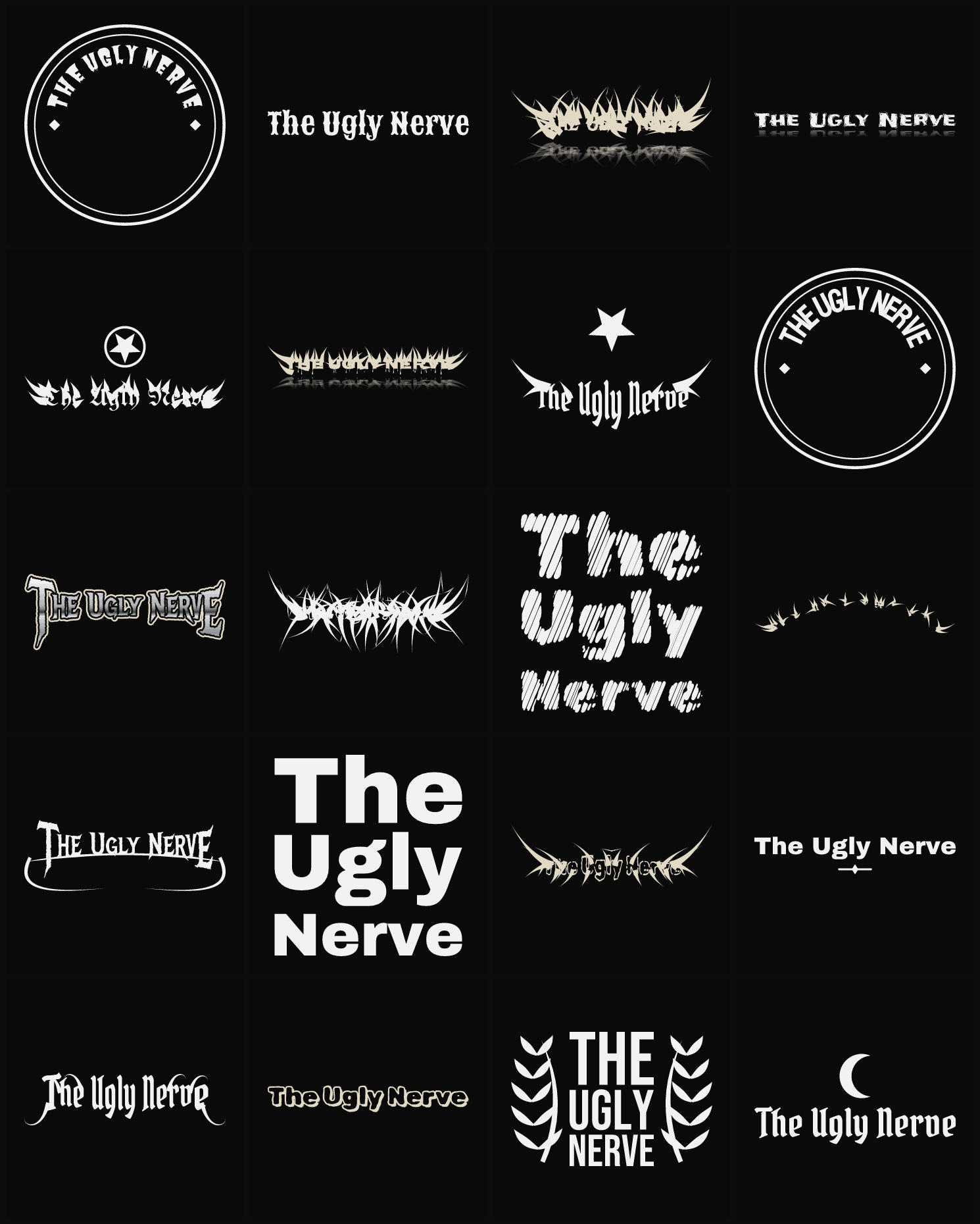 Twenty The Ugly Nerve band logo ideas — different faces, treatments and spike settings