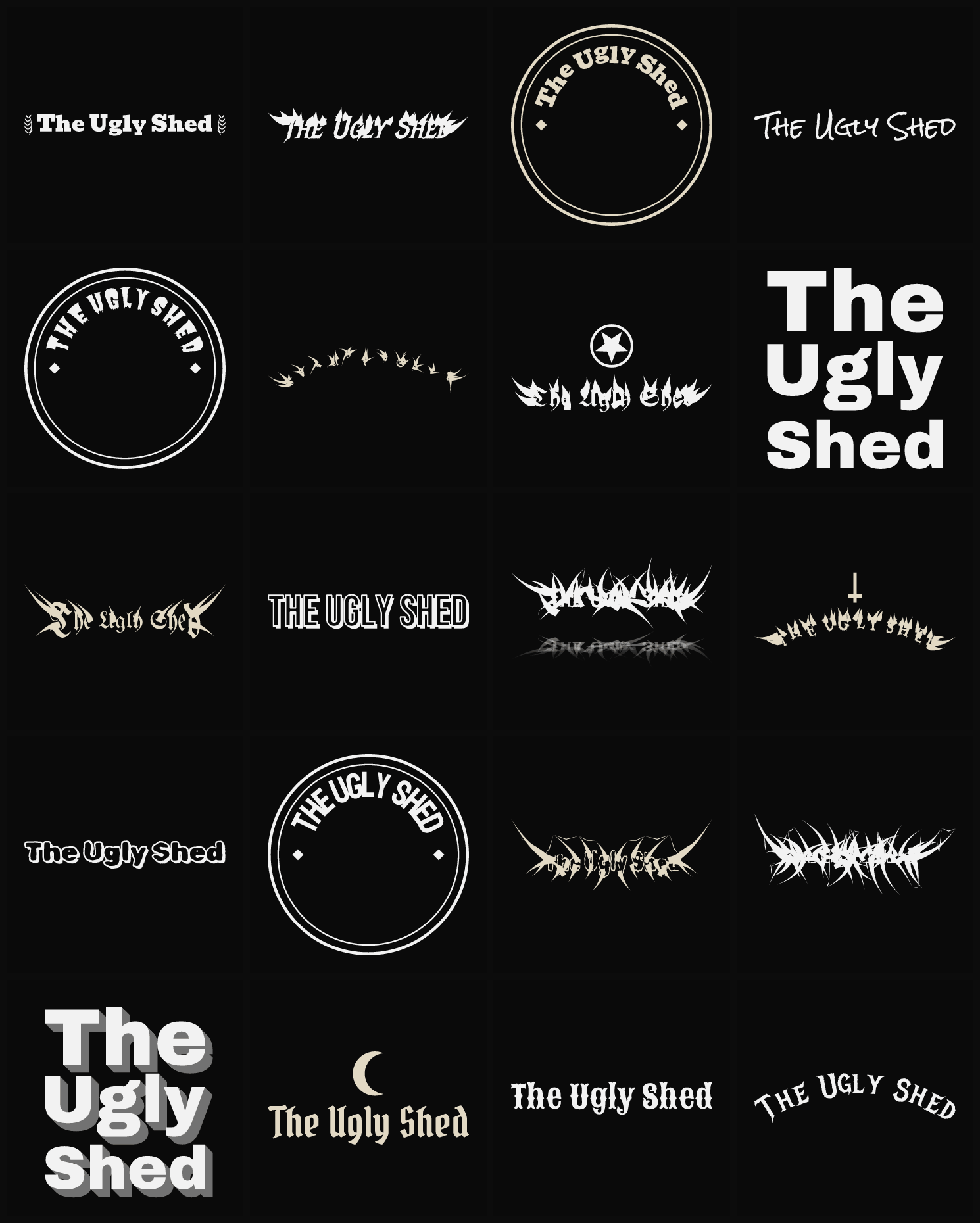 Twenty The Ugly Shed band logo ideas — different faces, treatments and spike settings