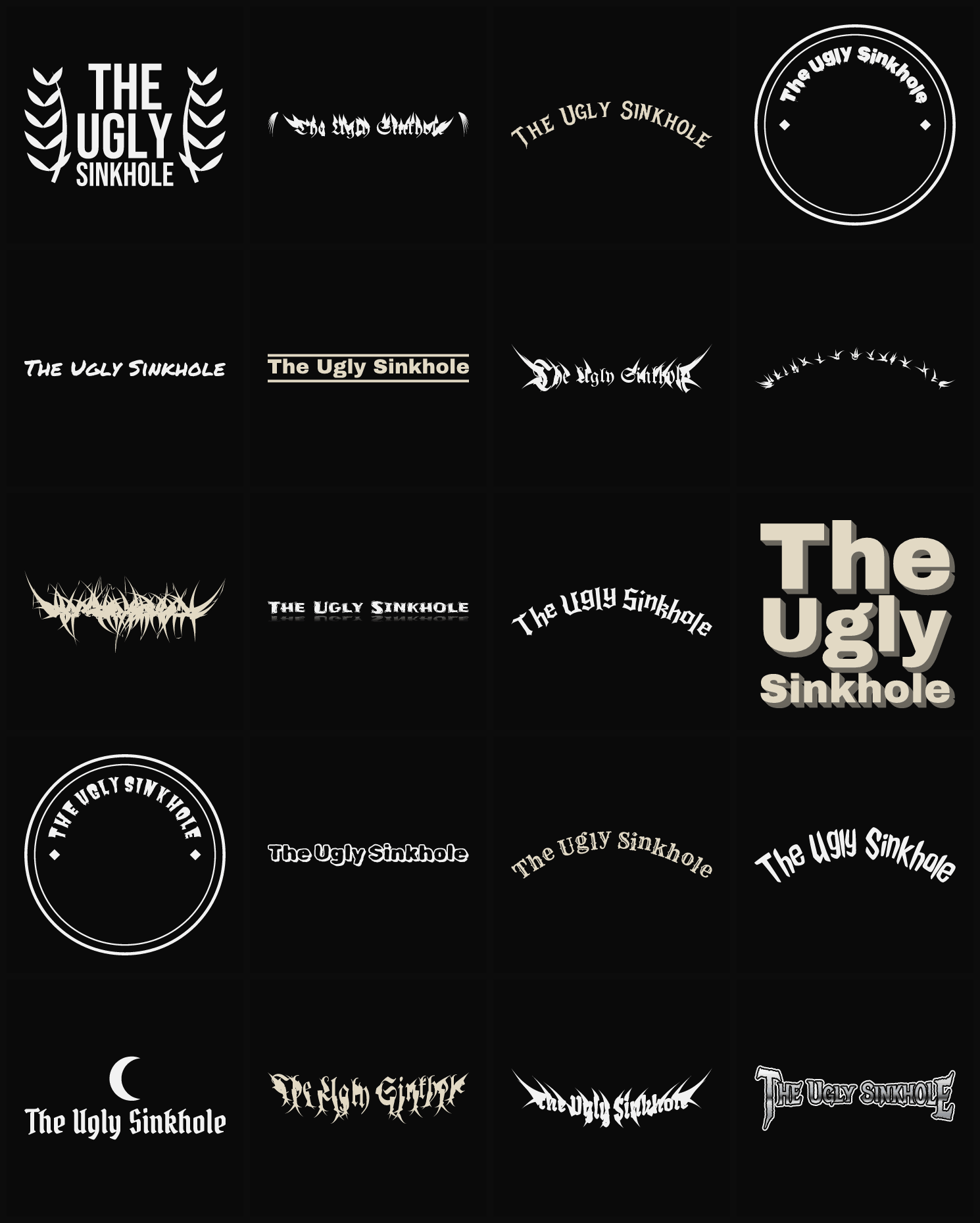Twenty The Ugly Sinkhole band logo ideas — different faces, treatments and spike settings