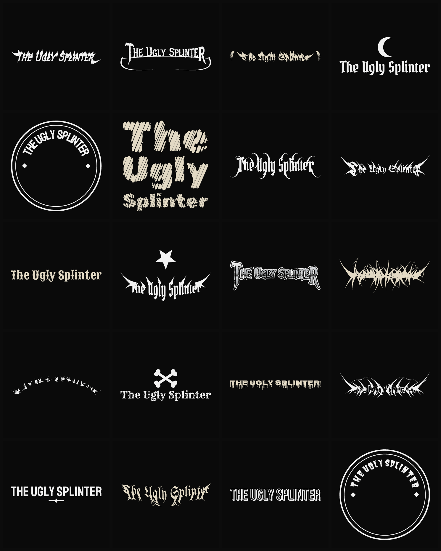 Twenty The Ugly Splinter band logo ideas — different faces, treatments and spike settings