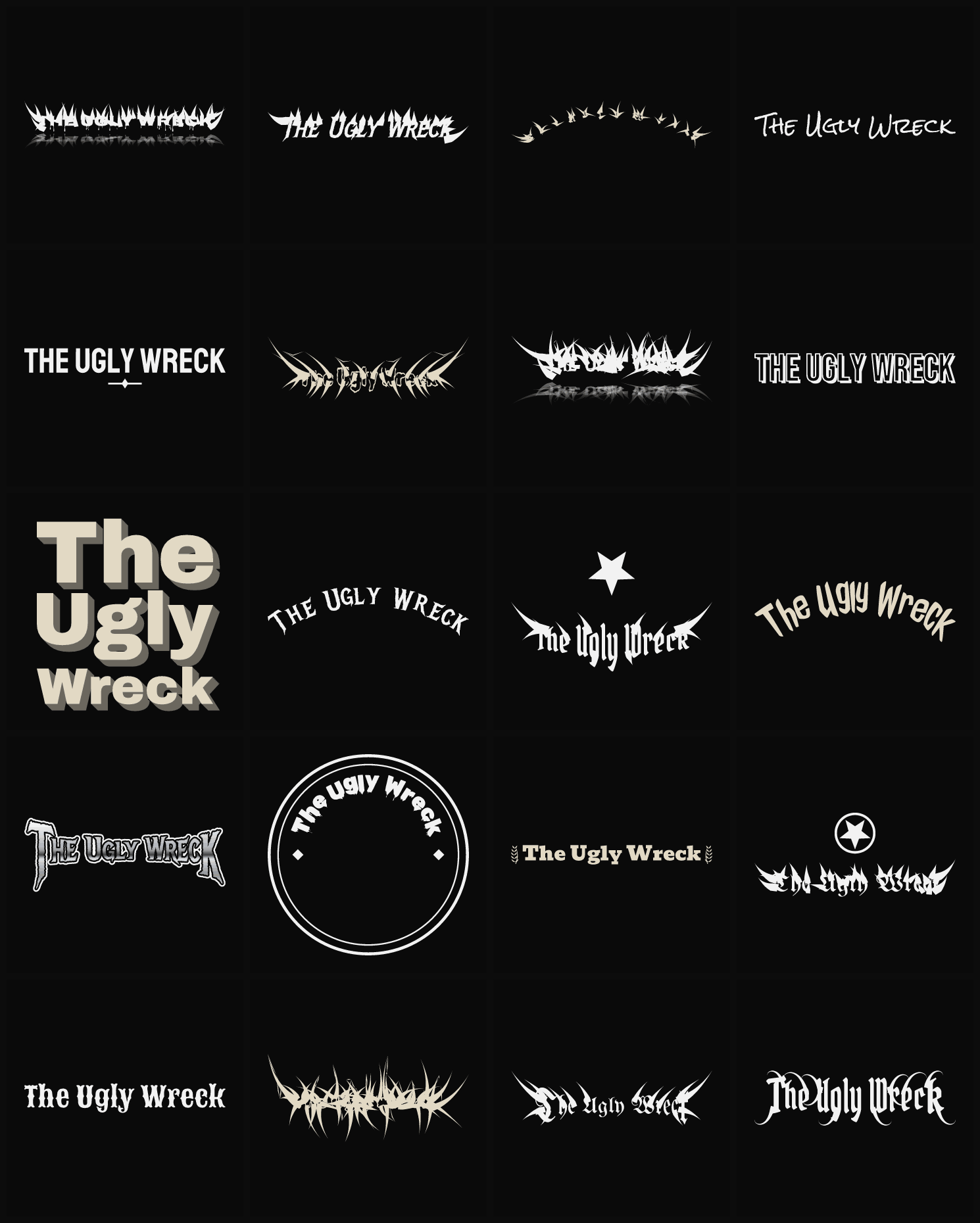 Twenty The Ugly Wreck band logo ideas — different faces, treatments and spike settings