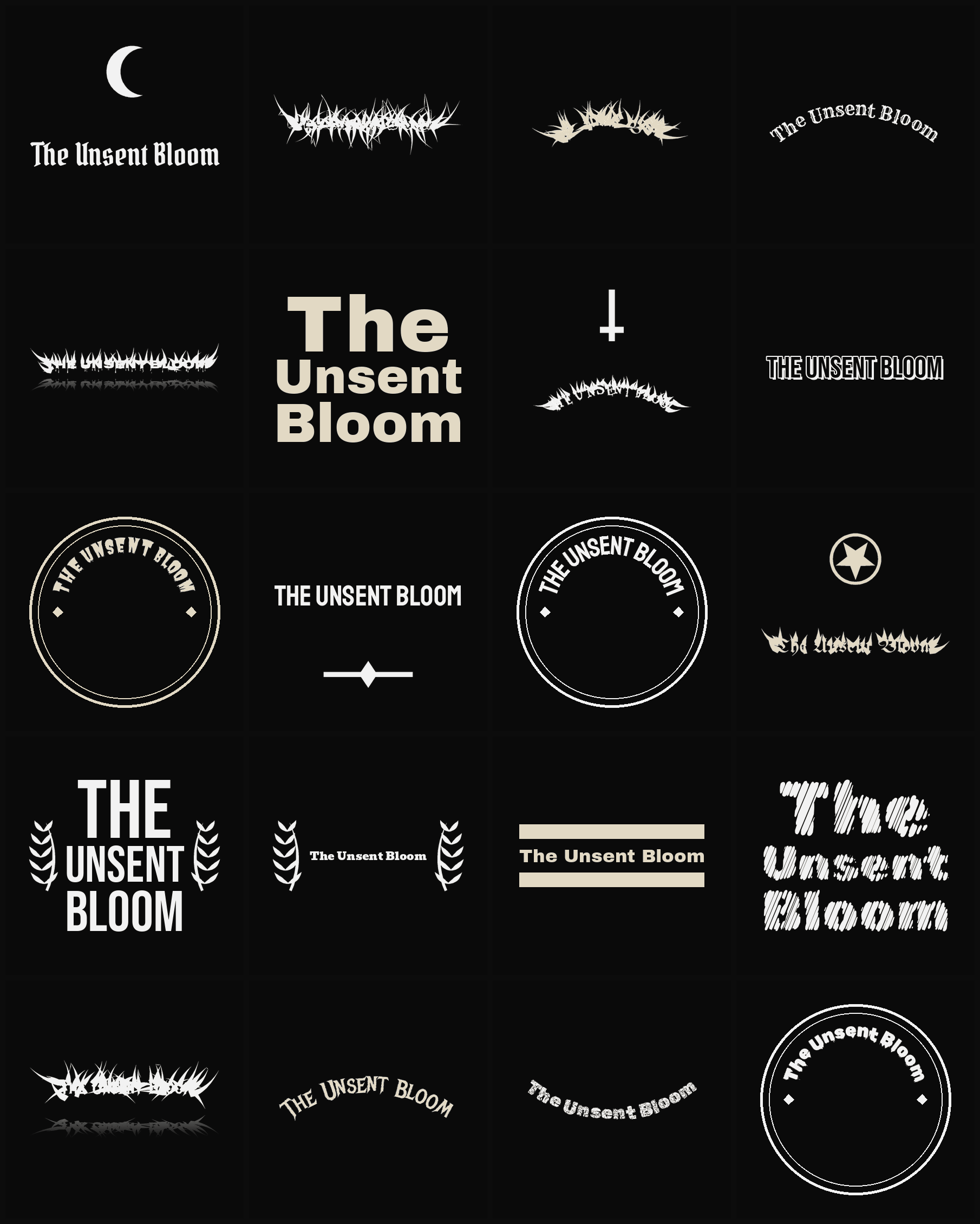 Twenty The Unsent Bloom band logo ideas — different faces, treatments and spike settings
