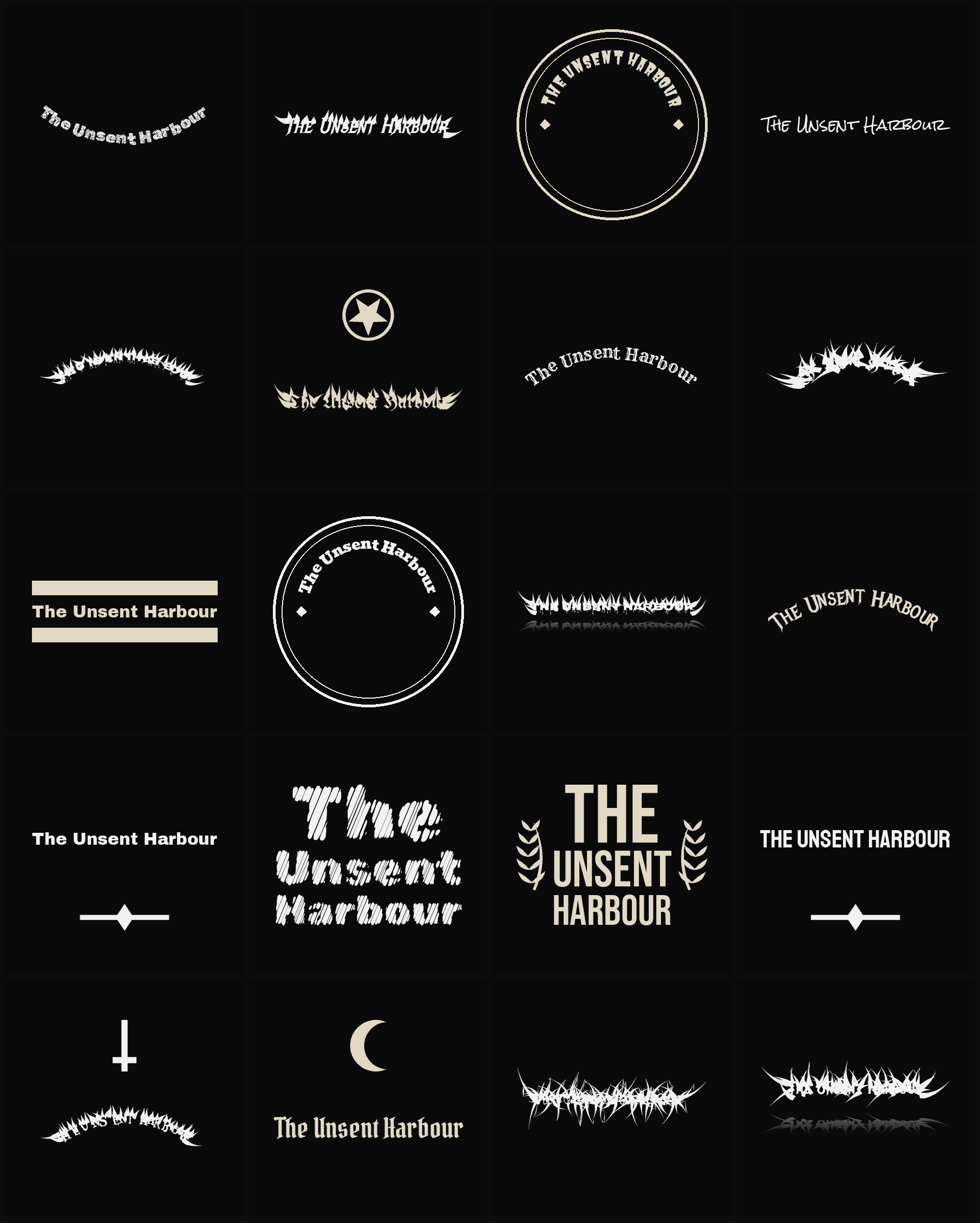 Twenty The Unsent Harbour band logo ideas — different faces, treatments and spike settings
