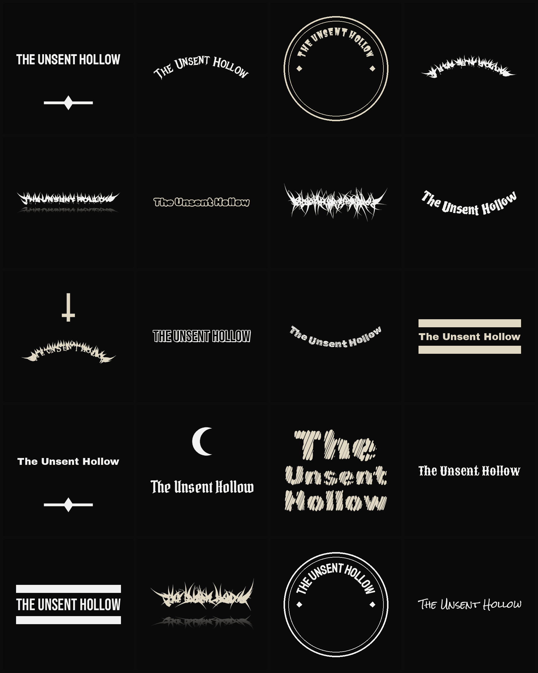 Twenty The Unsent Hollow band logo ideas — different faces, treatments and spike settings