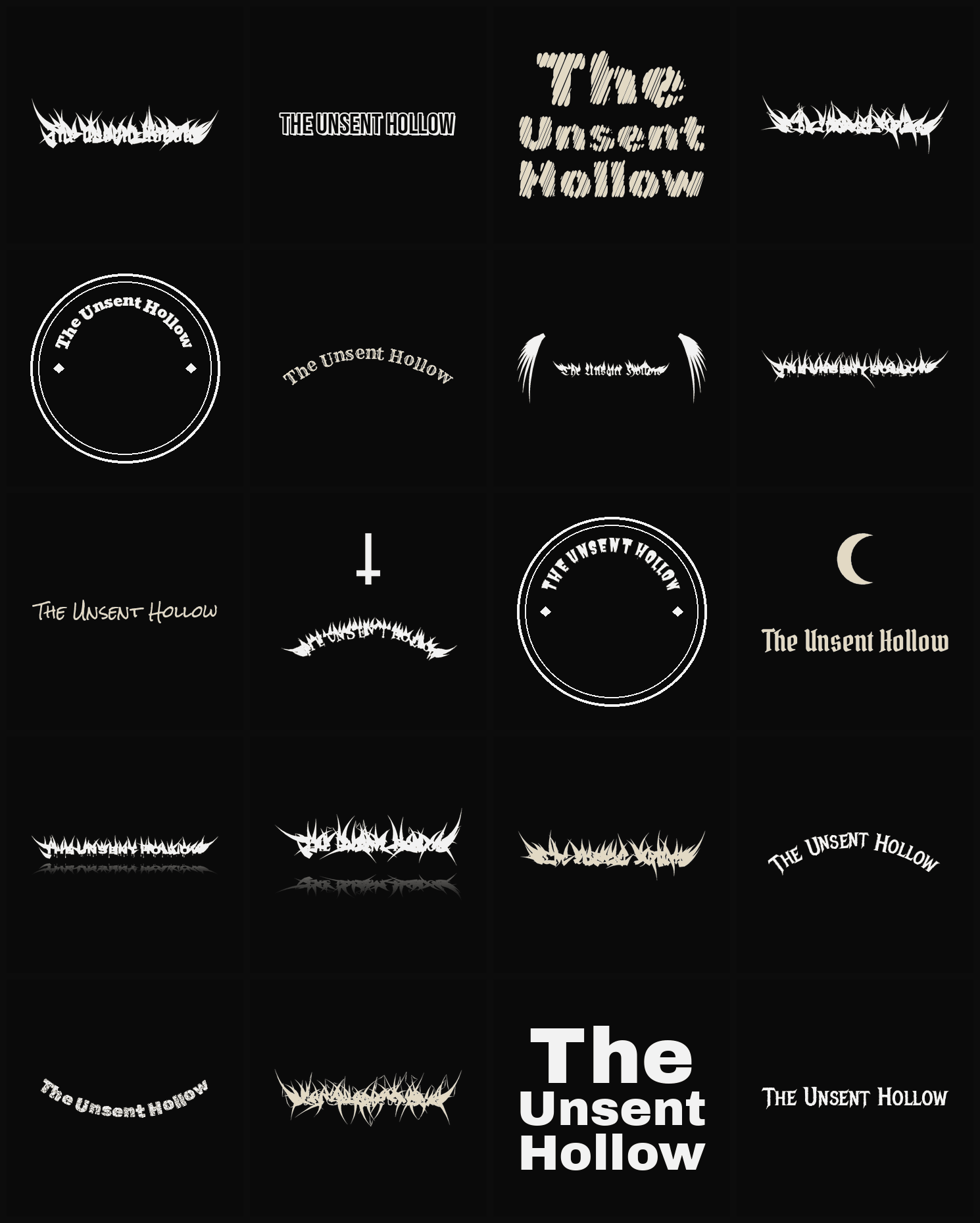 Twenty The Unsent Hollow band logo ideas — different faces, treatments and spike settings