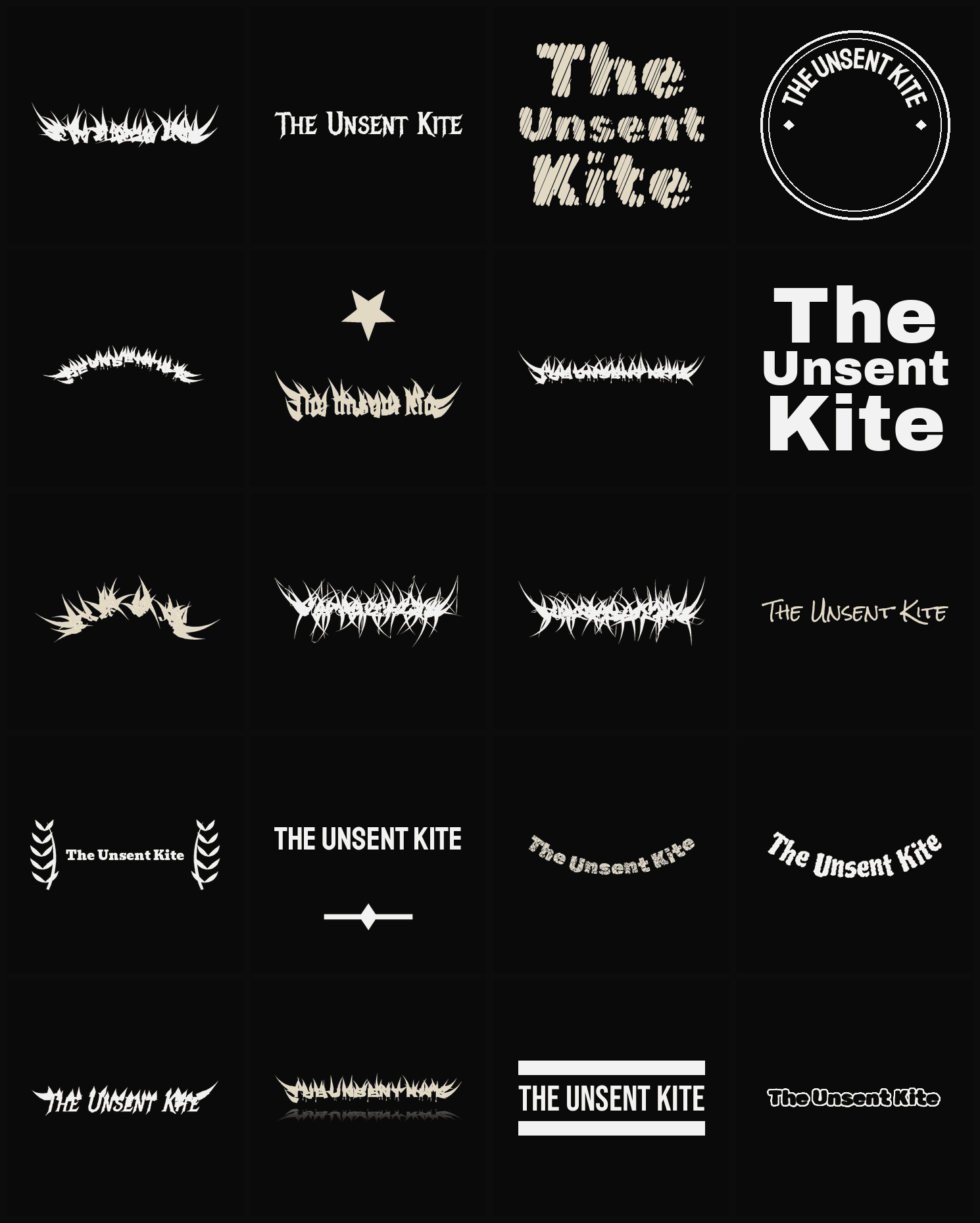 Twenty The Unsent Kite band logo ideas — different faces, treatments and spike settings