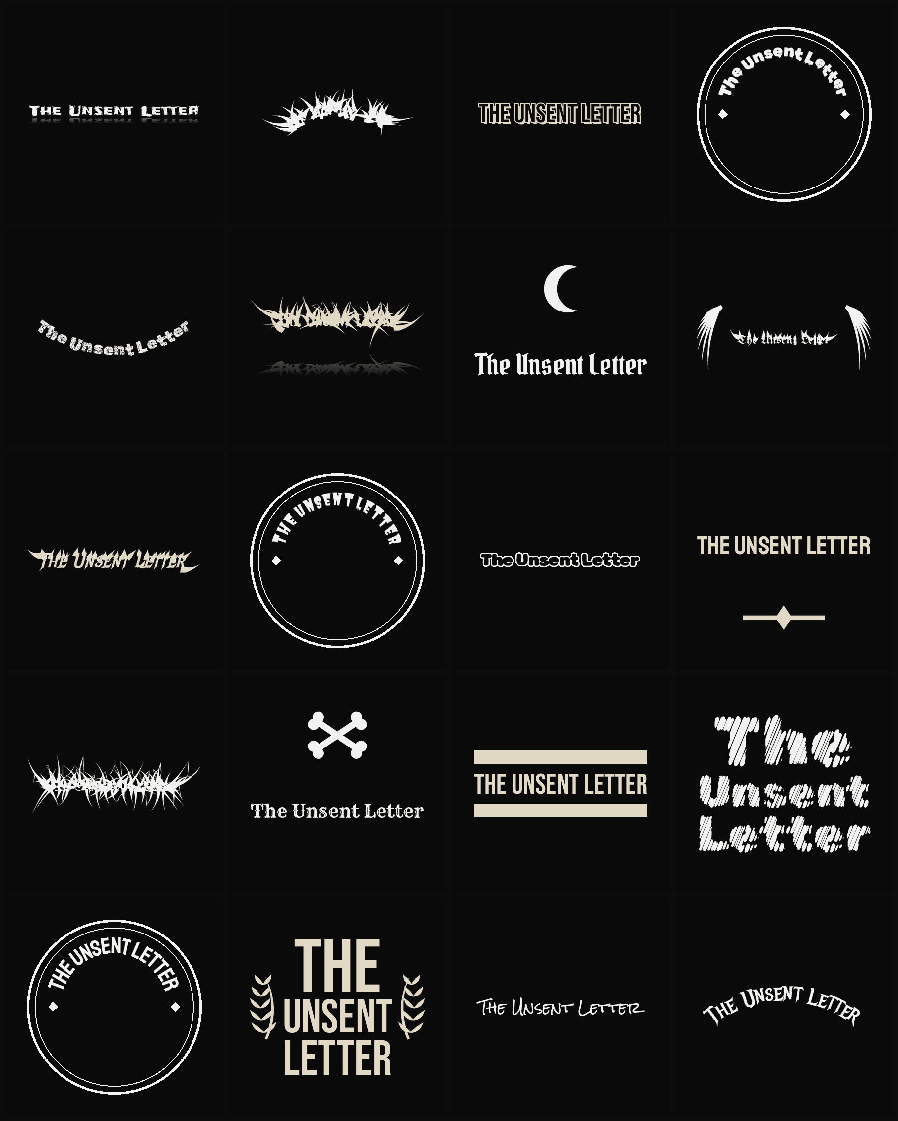 Twenty The Unsent Letter band logo ideas — different faces, treatments and spike settings