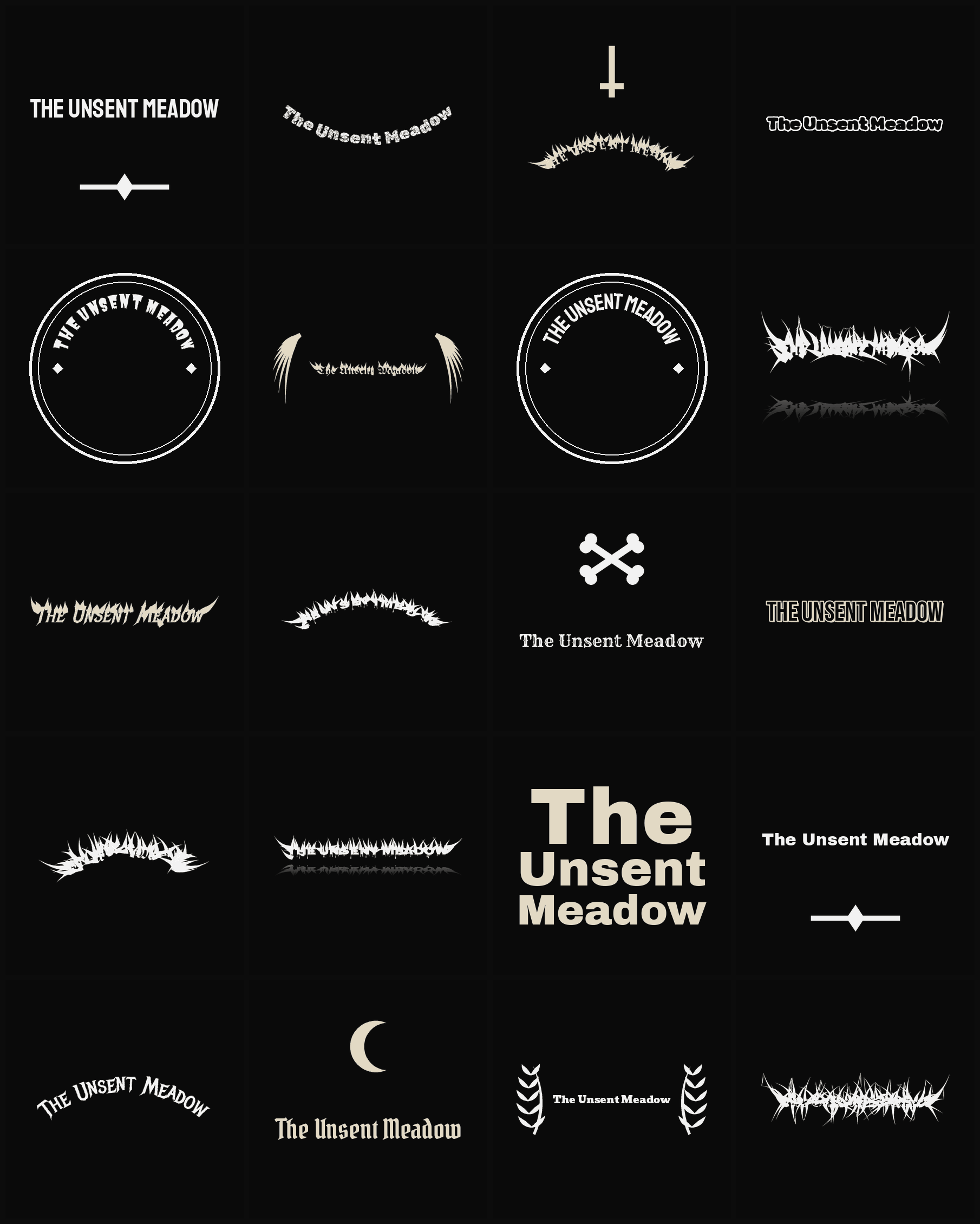 Twenty The Unsent Meadow band logo ideas — different faces, treatments and spike settings