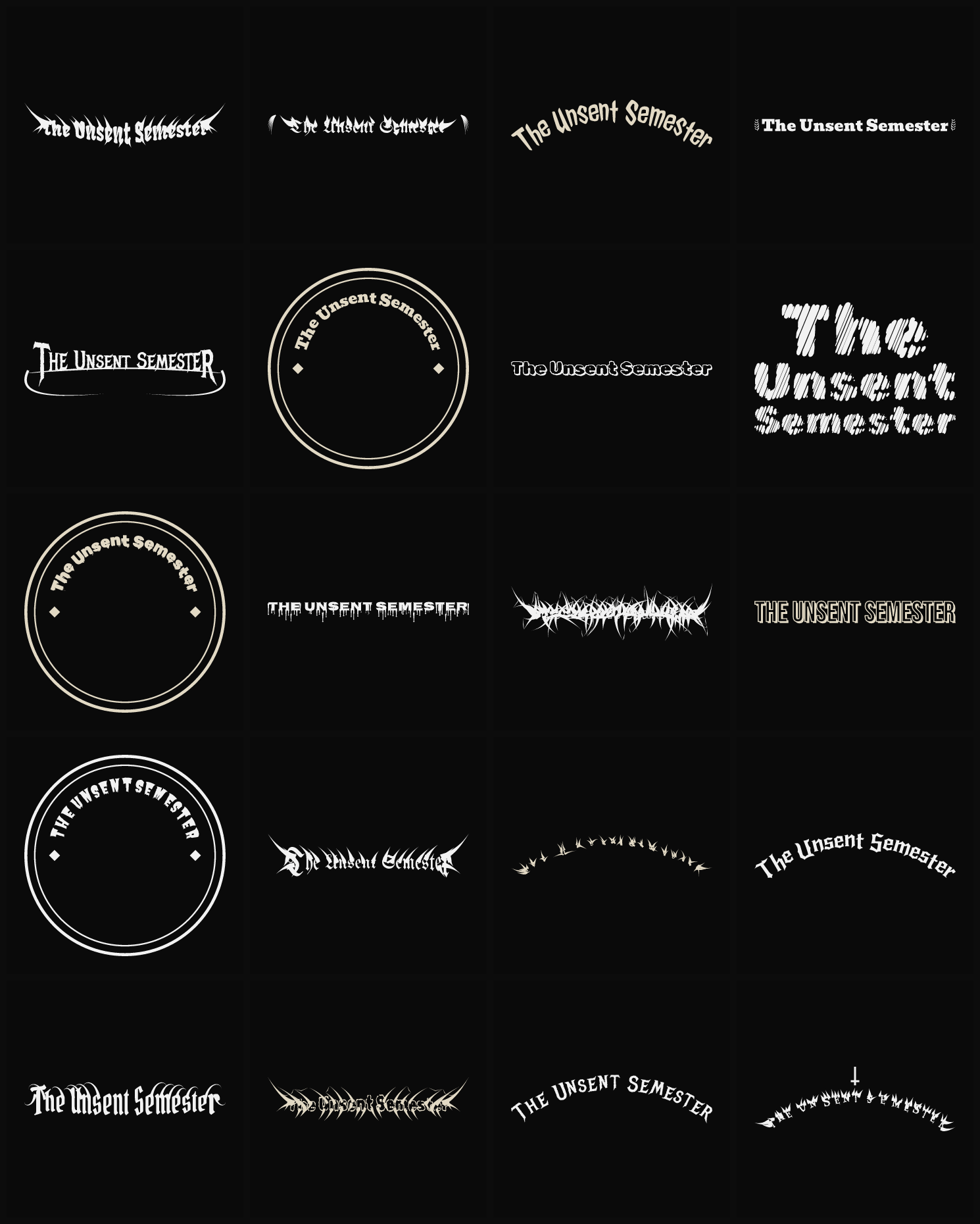 Twenty The Unsent Semester band logo ideas — different faces, treatments and spike settings