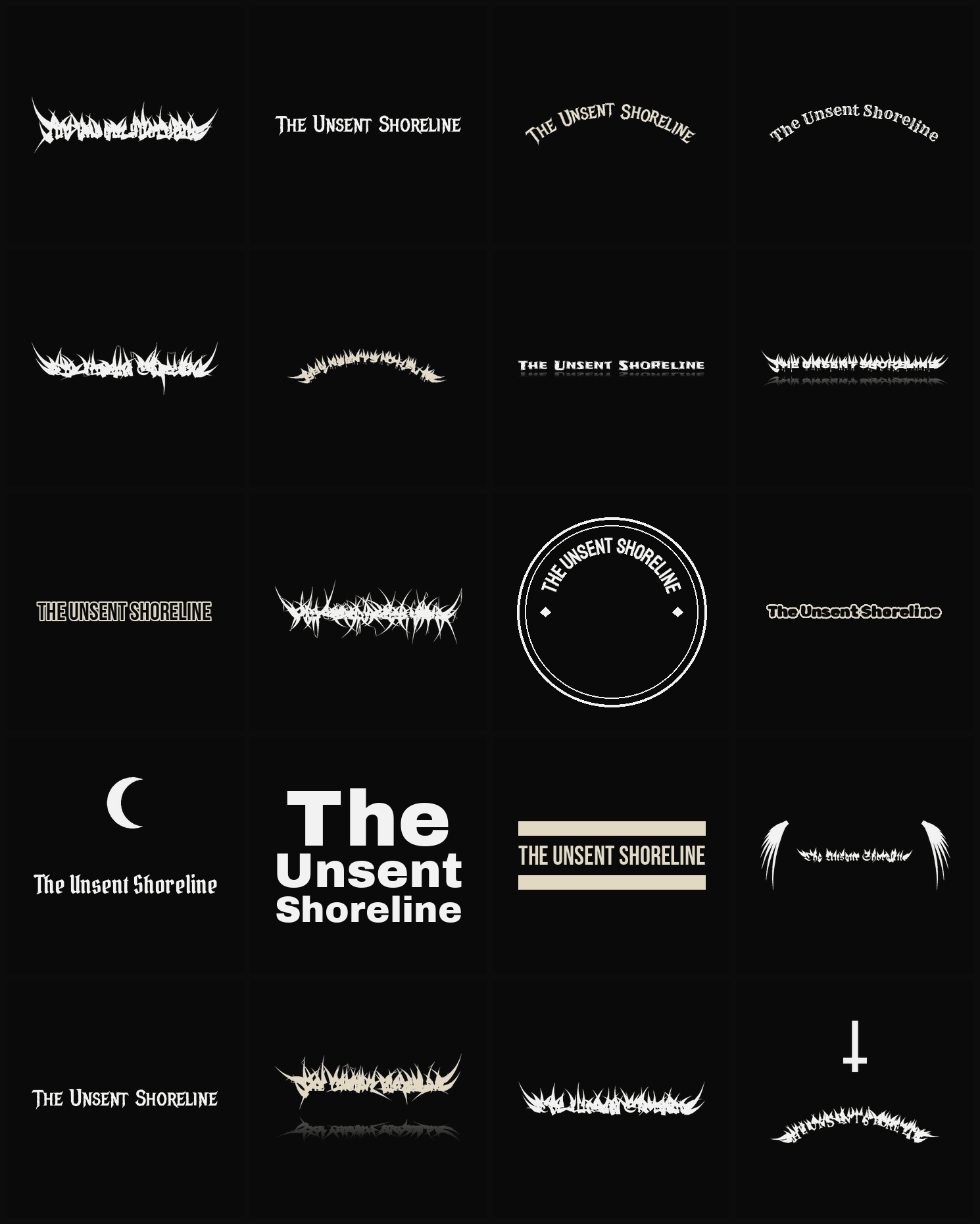 Twenty The Unsent Shoreline band logo ideas — different faces, treatments and spike settings