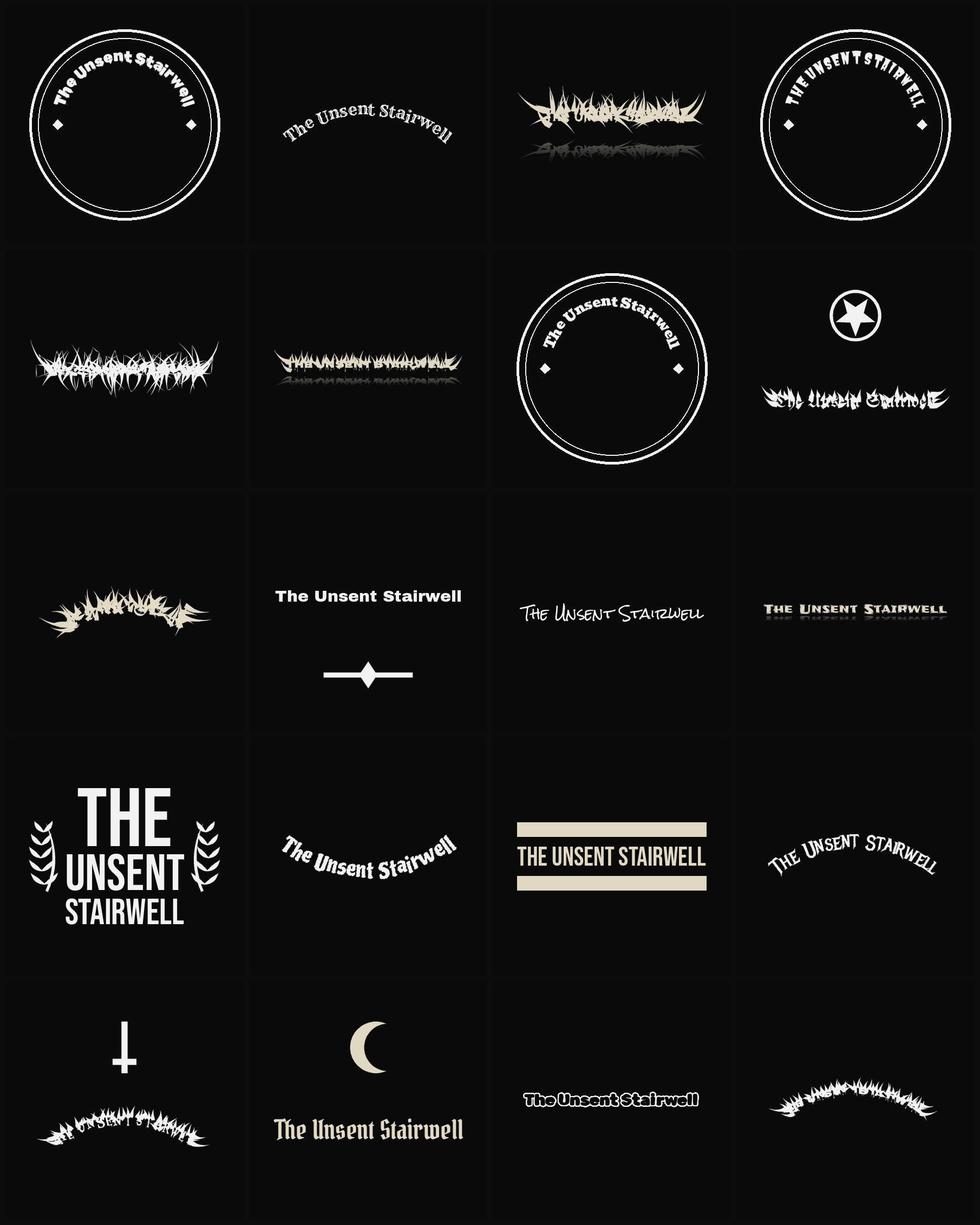 Twenty The Unsent Stairwell band logo ideas — different faces, treatments and spike settings