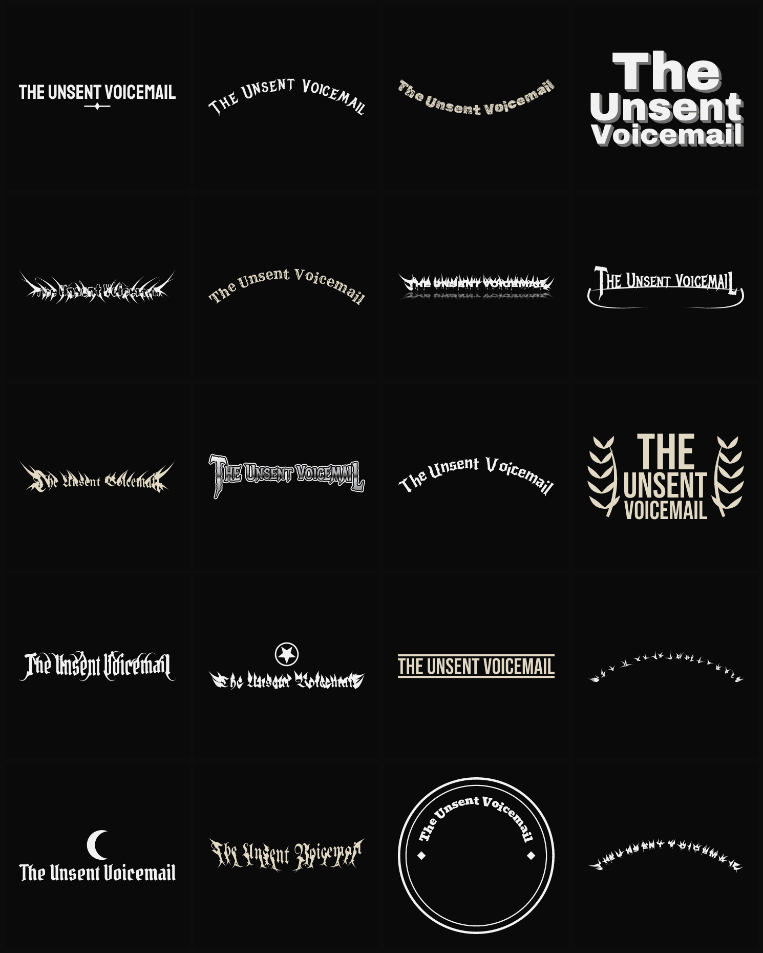 Twenty The Unsent Voicemail band logo ideas — different faces, treatments and spike settings