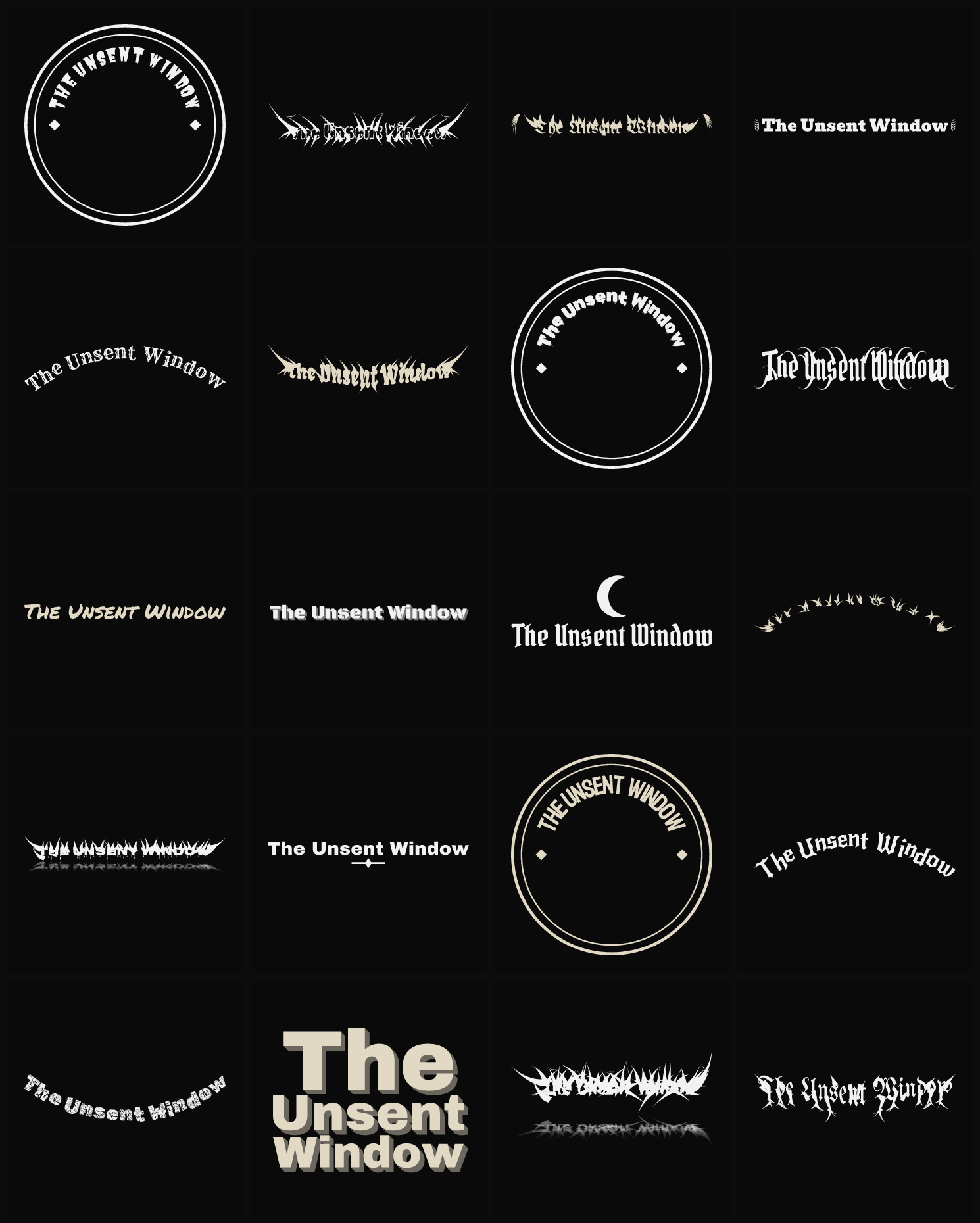 Twenty The Unsent Window band logo ideas — different faces, treatments and spike settings