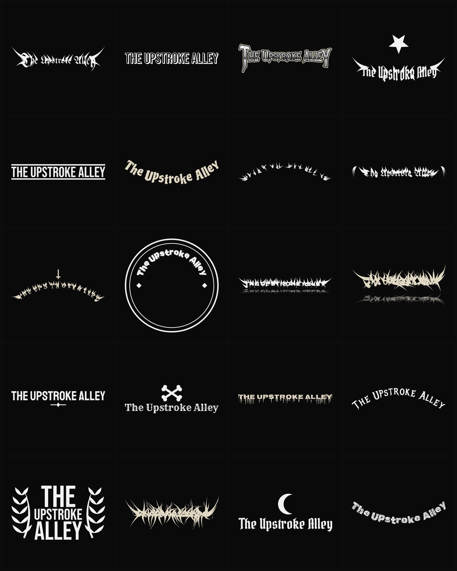 Twenty The Upstroke Alley band logo ideas — different faces, treatments and spike settings