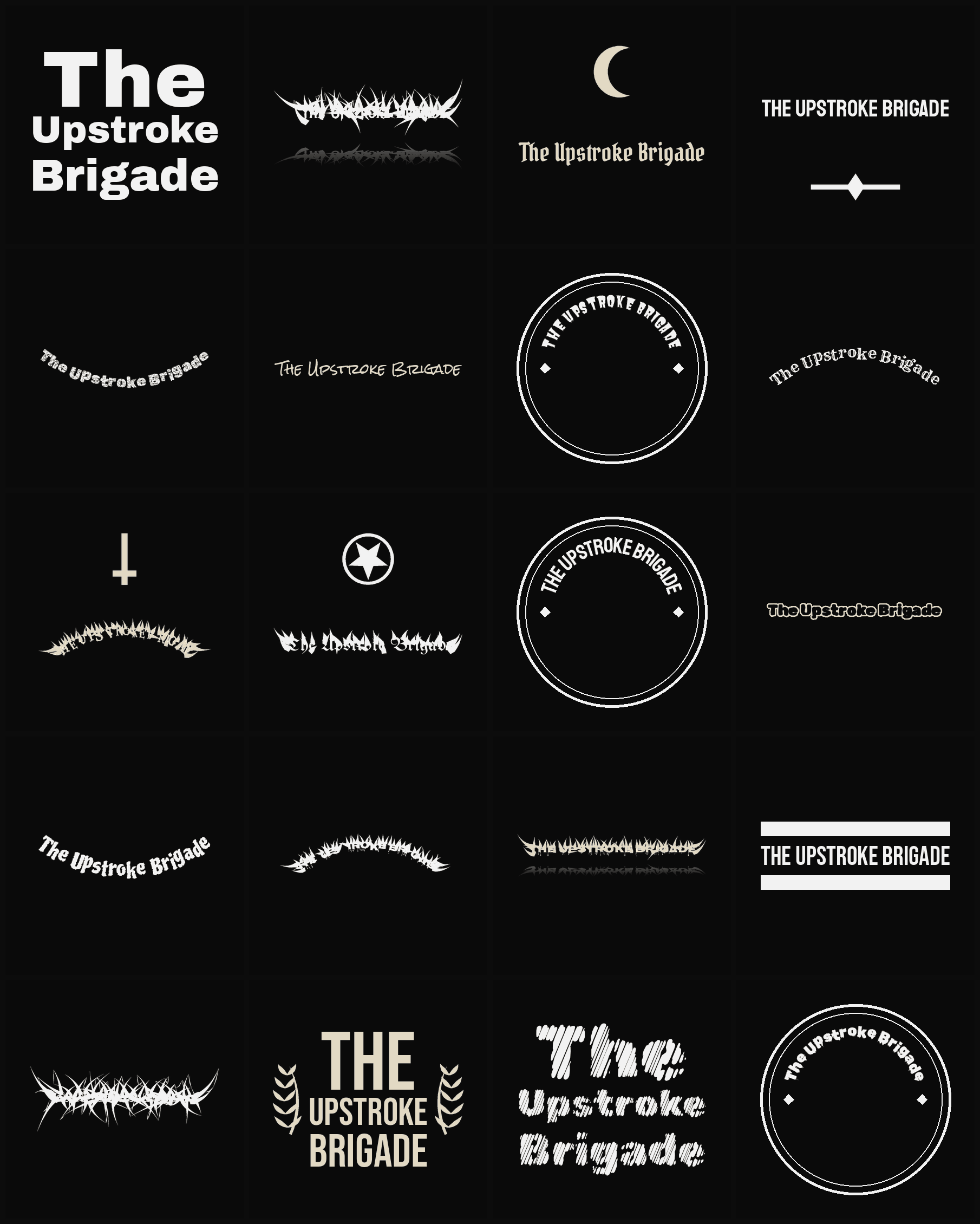 Twenty The Upstroke Brigade band logo ideas — different faces, treatments and spike settings